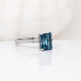 2.3ct London Blue Topaz Ring w Earth Mined Diamonds in Solid 14K White Gold | Emerald Cut 8x6mm | November Birthstone