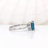 2.3ct London Blue Topaz Ring w Earth Mined Diamonds in Solid 14K White Gold | Emerald Cut 8x6mm | November Birthstone