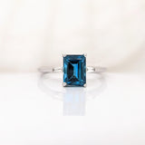 2.3ct London Blue Topaz Ring w Earth Mined Diamonds in Solid 14K White Gold | Emerald Cut 8x6mm | November Birthstone