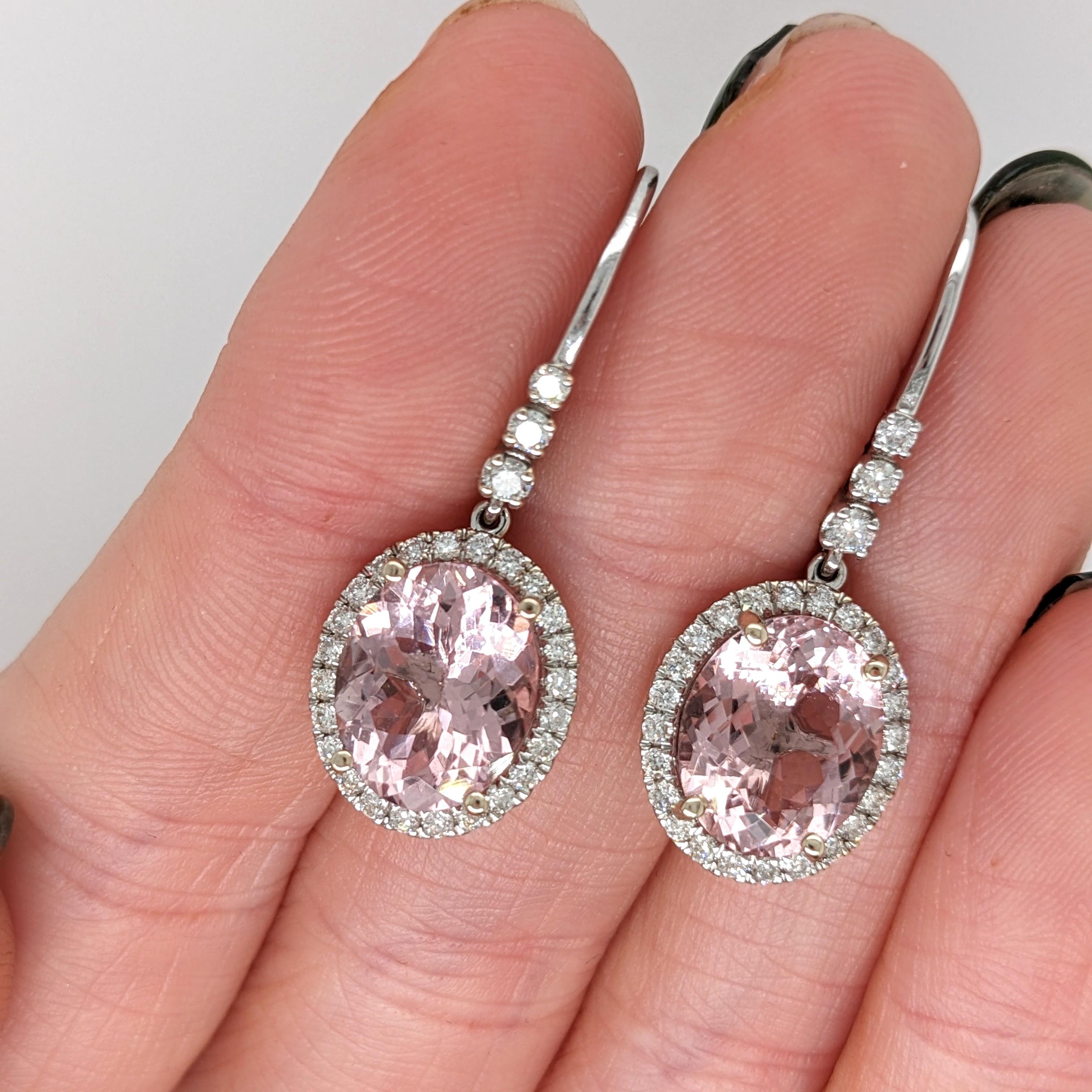 6ct Morganite Drop Earrings w Earth Mined Diamonds in Solid 14K Gold Oval 11x9mm