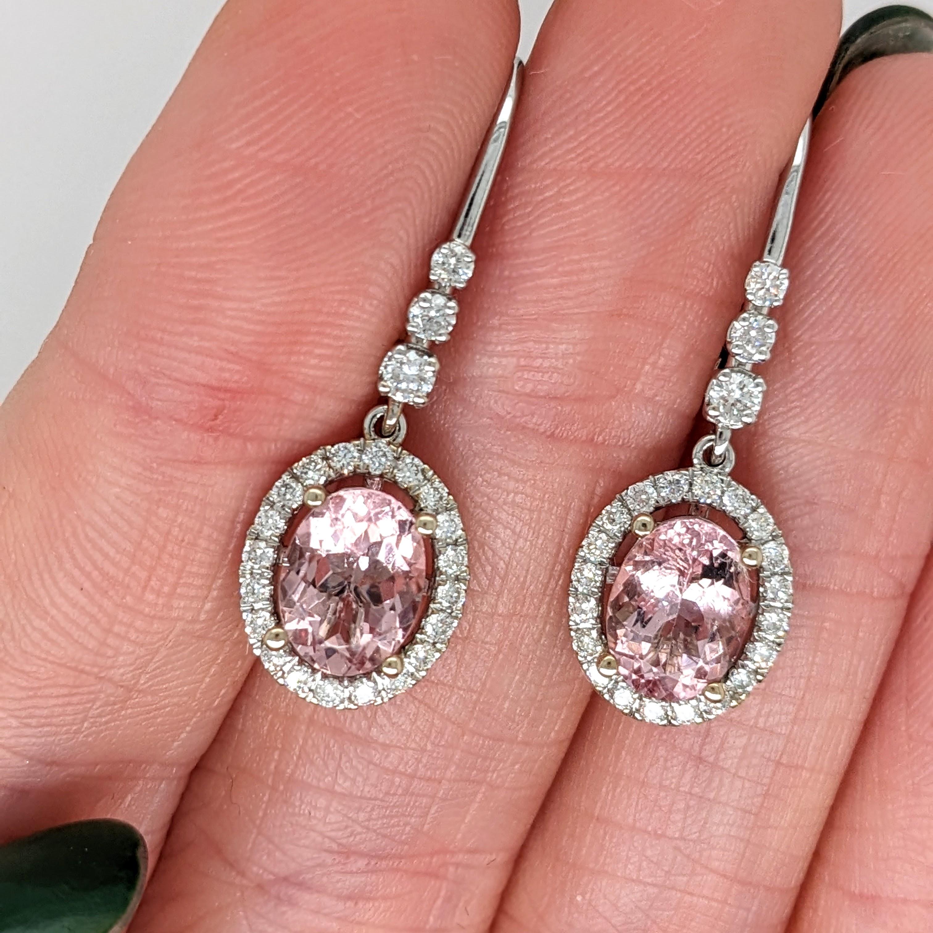 2.5ct Morganite Drop Earrings w Earth Mined Diamonds in Solid 14K Gold Oval 8x6