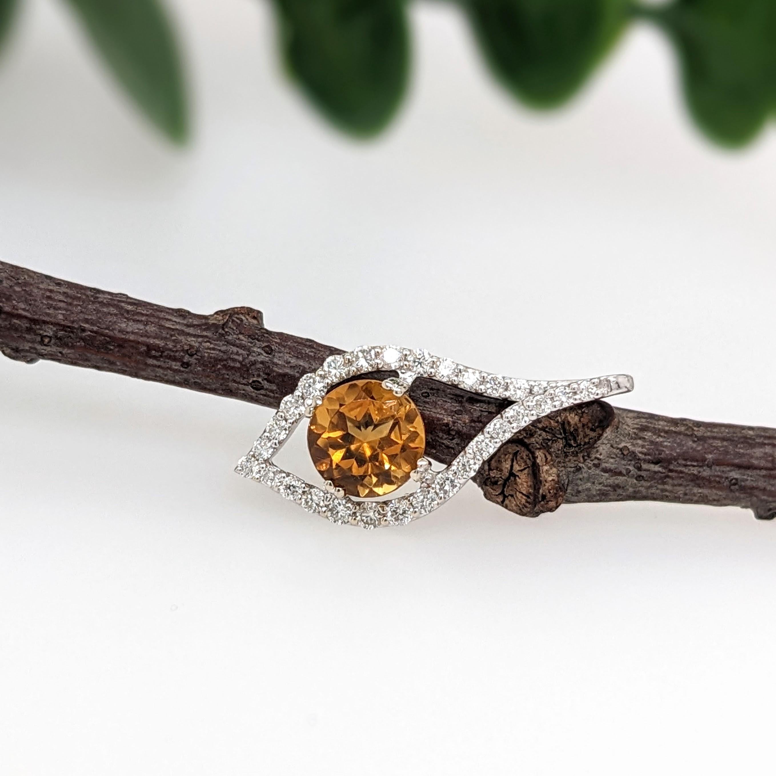 Citrine Pendant w Earth Mined Diamonds in Solid 14K White Gold Round 5mm