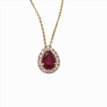 Ruby Pendant w Earth Mined Diamonds in Solid 14K Yellow Gold Pear 7x5mm