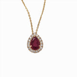 Ruby Pendant w Earth Mined Diamonds in Solid 14K Yellow Gold Pear 7x5mm