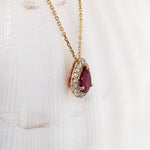 Ruby Pendant w Earth Mined Diamonds in Solid 14K Yellow Gold Pear 7x5mm