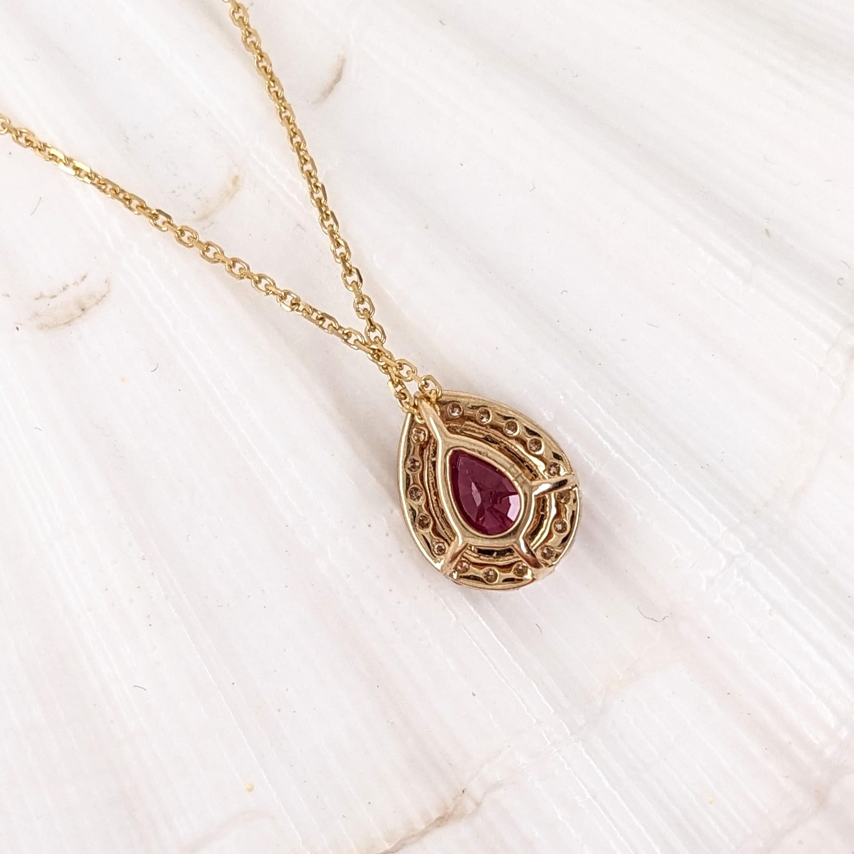 Ruby Pendant w Earth Mined Diamonds in Solid 14K Yellow Gold Pear 7x5mm