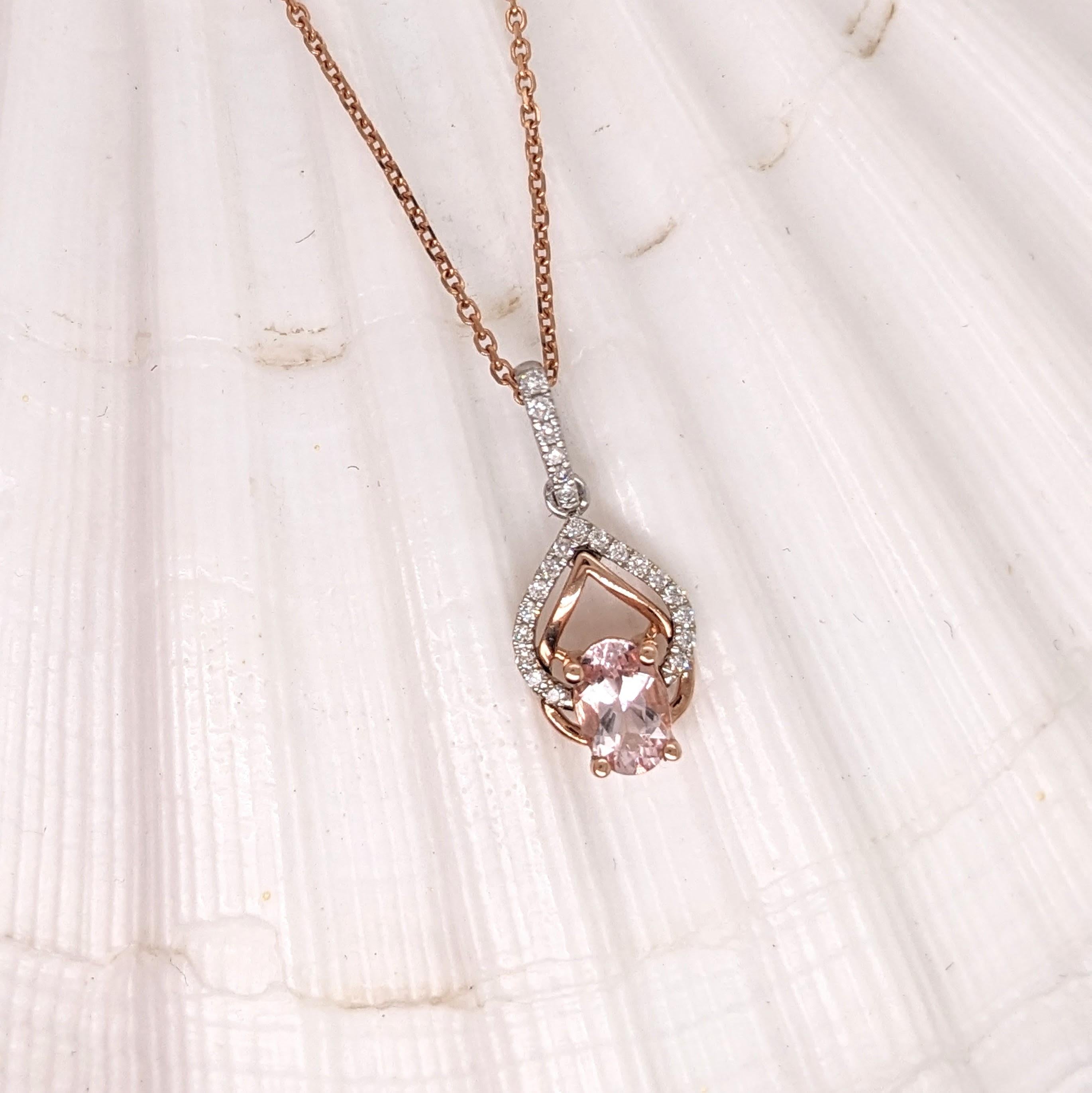 Morganite Pendant w Earth Mined Diamonds in Solid 14K Dual Tone Gold Oval 6x4mm