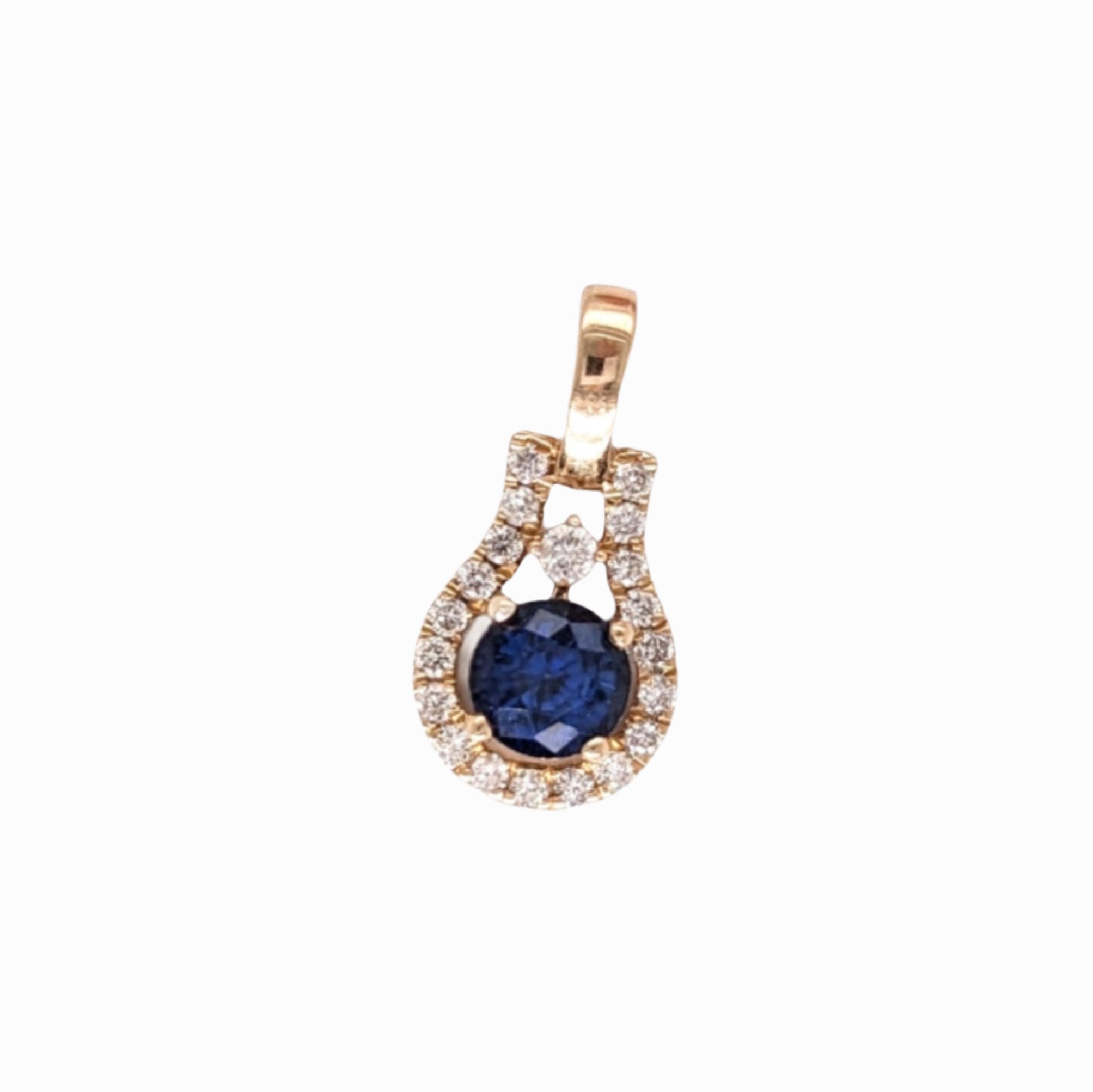 Blue Sapphire Pendant w Earth Mined Diamonds in Solid 14K Yellow Gold Round 4mm