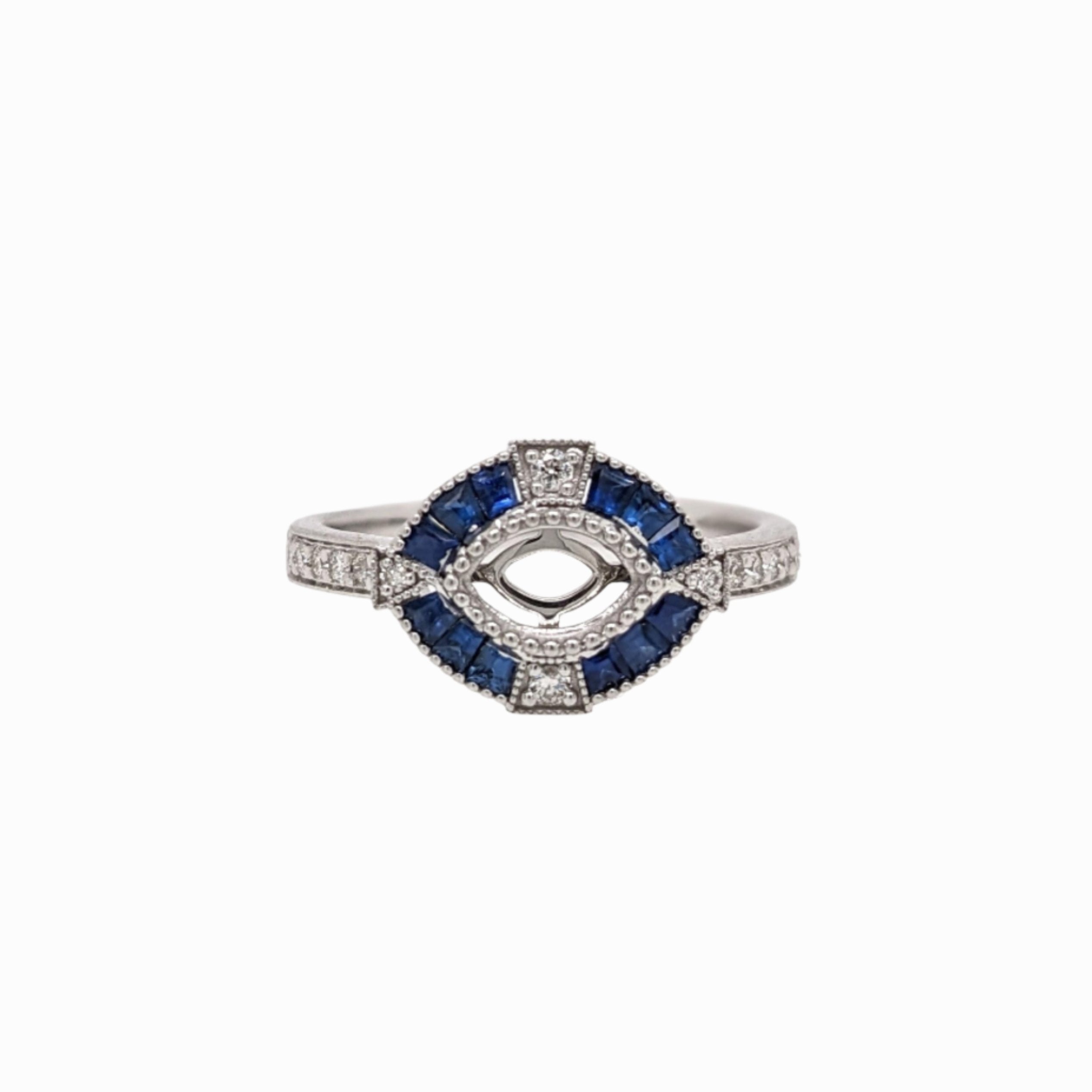 Ring Semi Mount w Natural Diamonds & Blue Sapphires in Solid 14K Gold 6.5x4mm