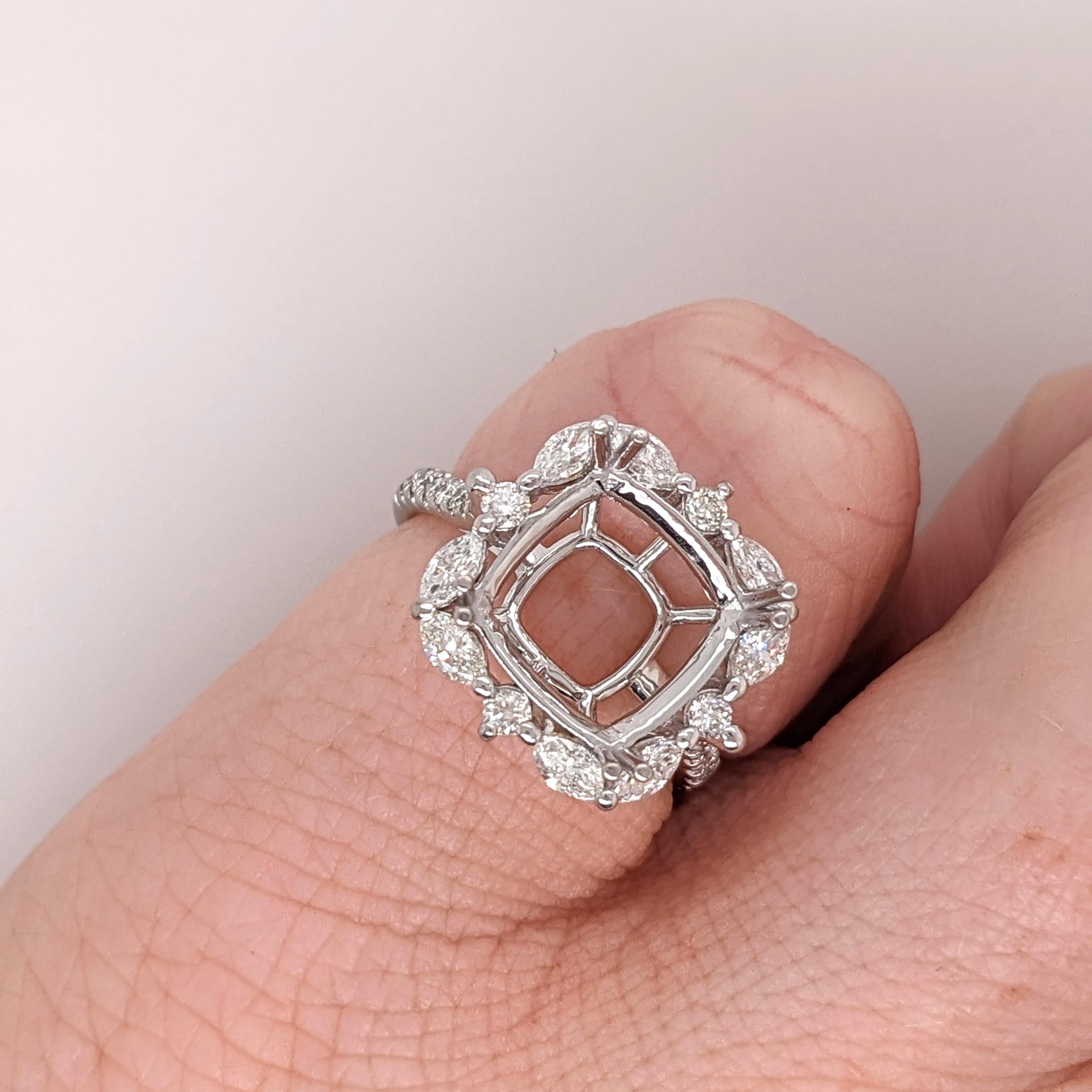 Ring Semi Mount w Natural Diamonds in Solid 14K Gold Cushion 9.5mm