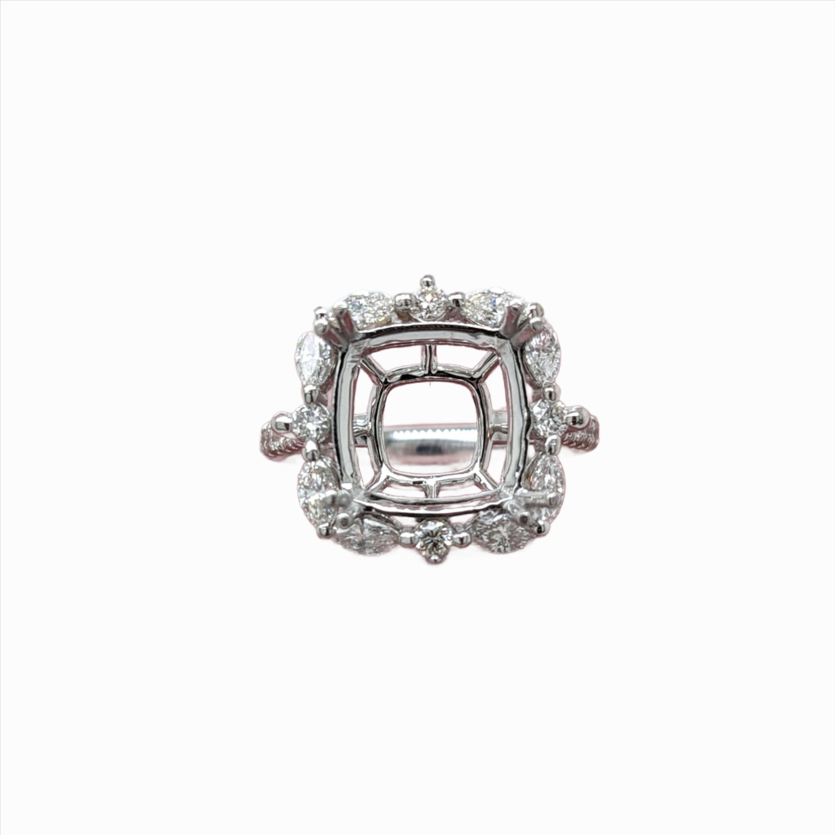Ring Semi Mount w Natural Diamonds in Solid 14K Gold Cushion 9.5mm