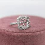 Ring Semi Mount w Natural Diamonds in Solid 14K Gold Cushion 9.5mm