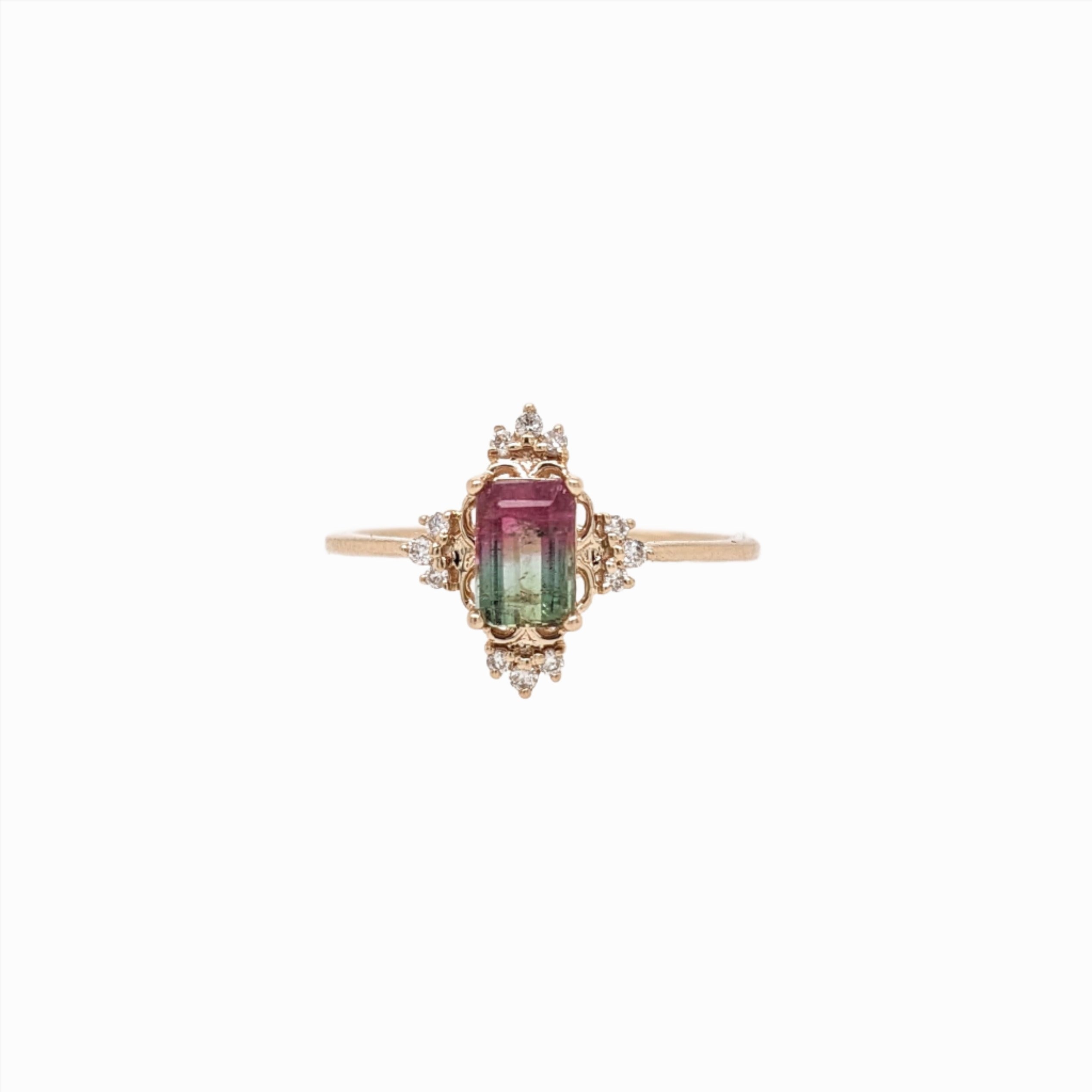 Watermelon Tourmaline Ring w Natural Diamonds in Solid 14K Yellow Gold EM 6x4mm
