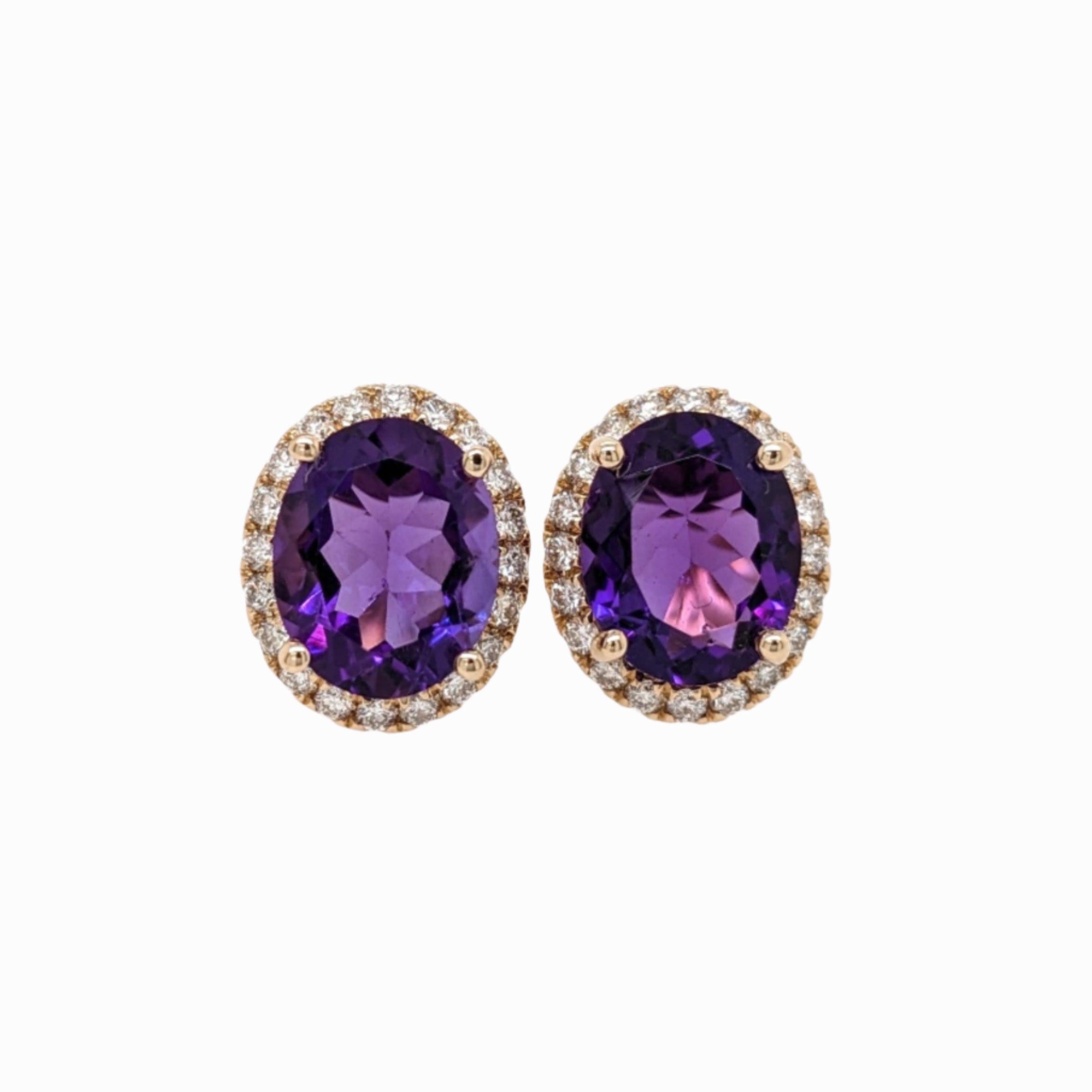 5ct Amethsyt Stud Earrings w Natural Diamonds in Solid 14K Gold Oval 10x8mm