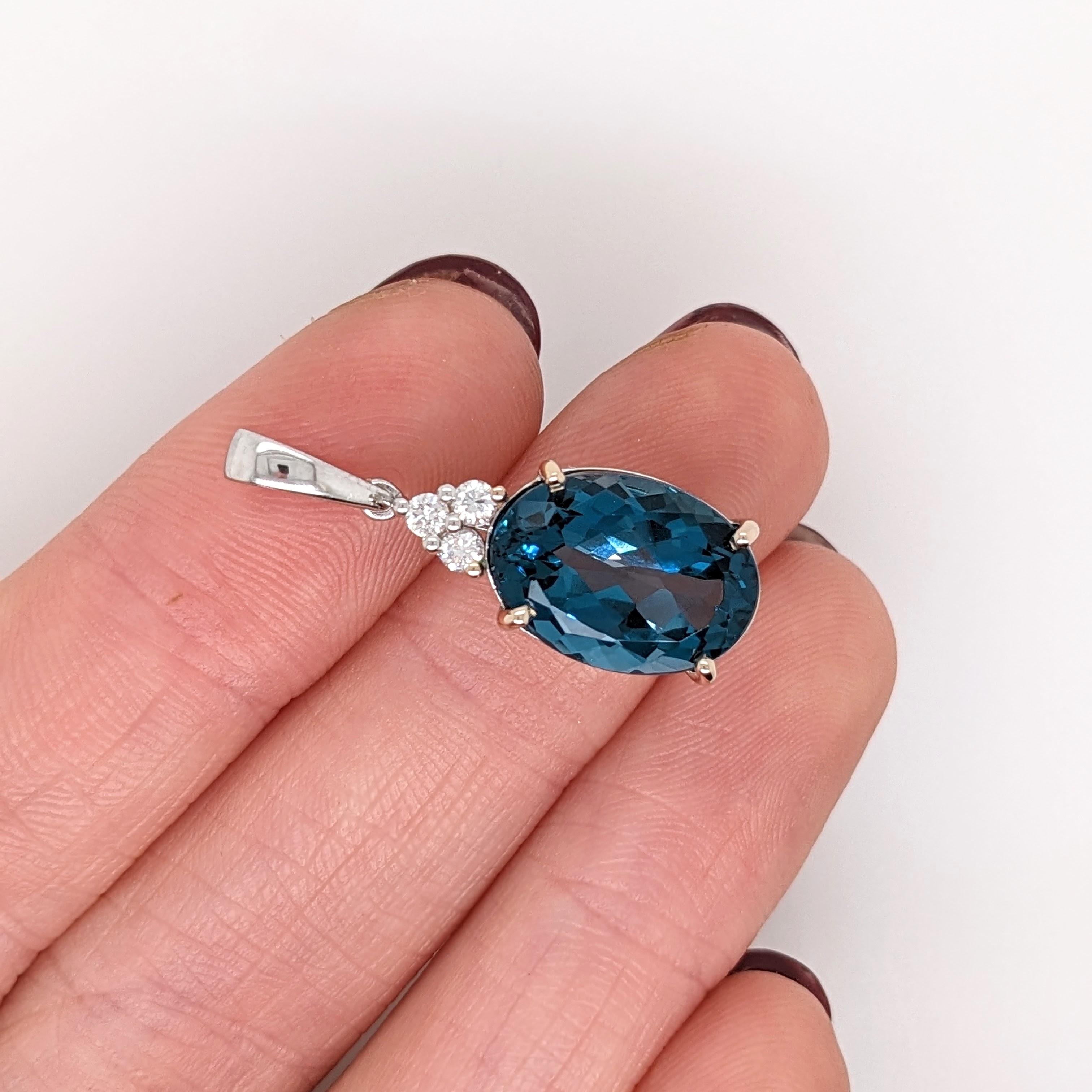 6.72ct London Blue Topaz Pendant w Natural Diamonds in Solid 14K Gold Oval 14x10