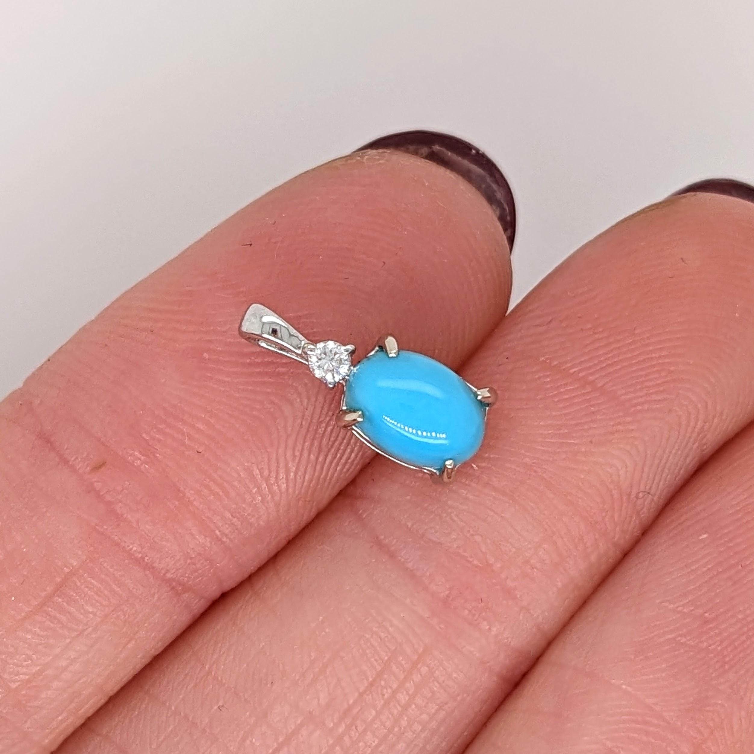 Turquoise Pendant w a Natural Diamond Accent in Solid 14K White Gold Oval 7x5mm