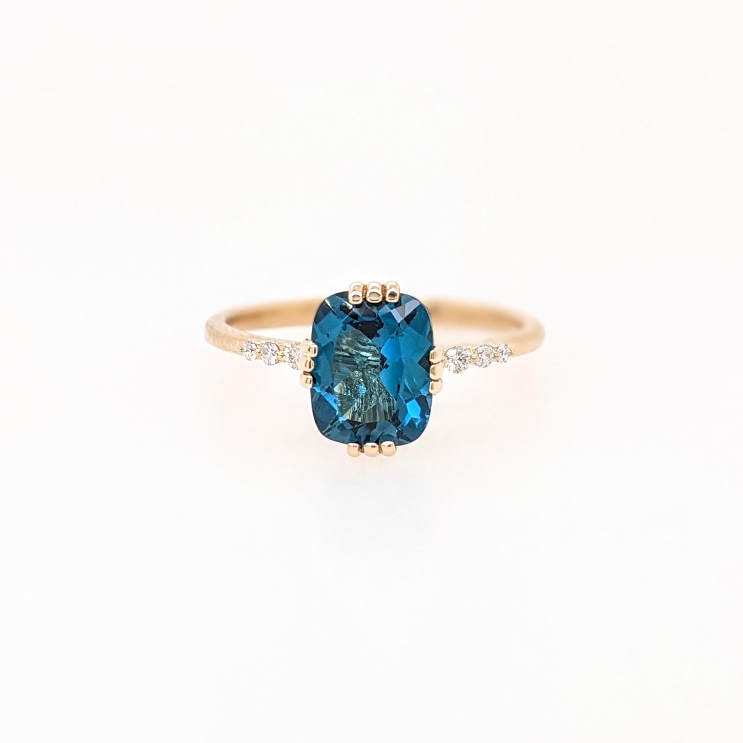 2.4ct London Blue Topaz Ring w Natural Diamonds in Solid 14K Gold Cushion 9x7mm