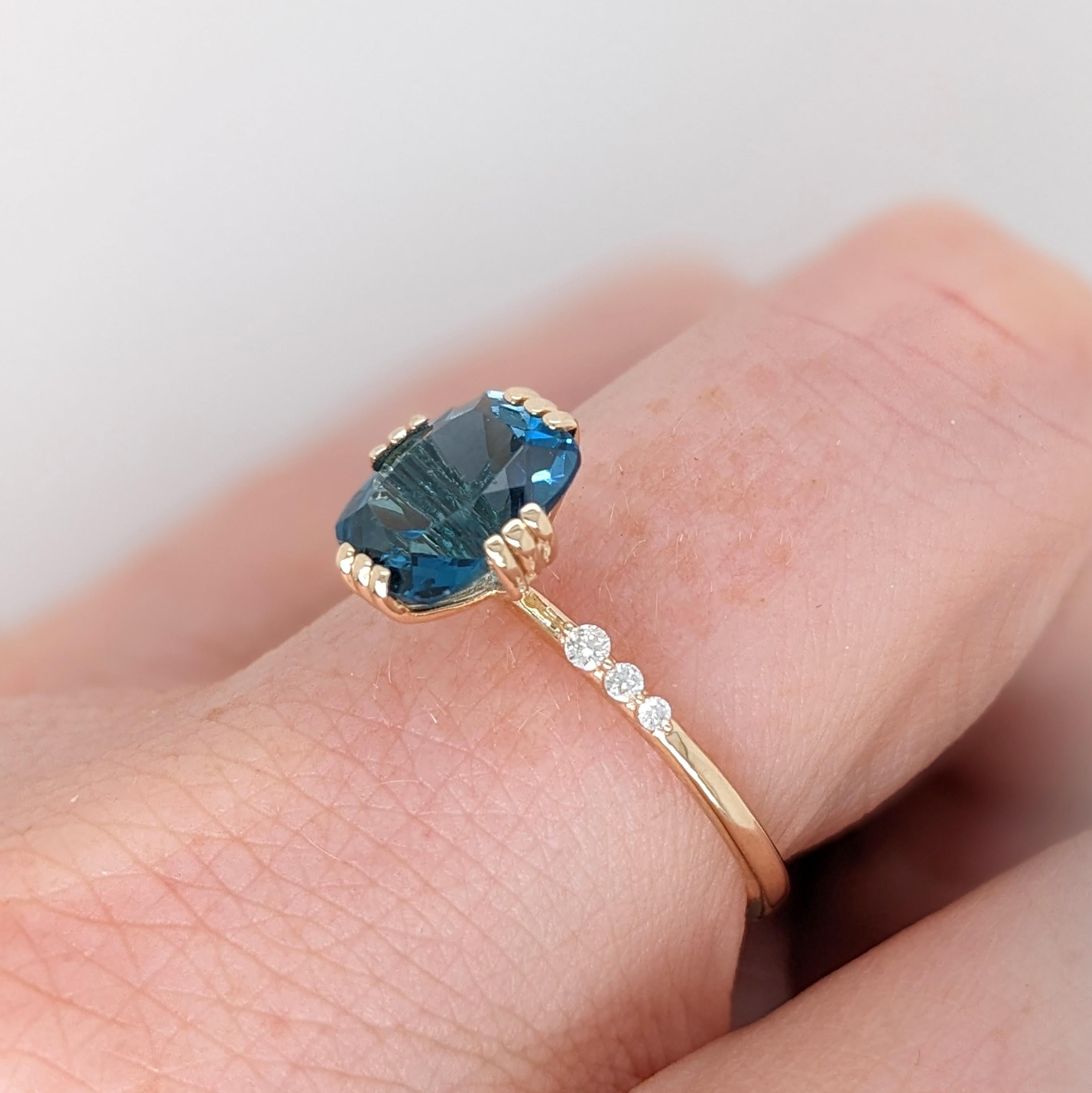 2.4ct London Blue Topaz Ring w Natural Diamonds in Solid 14K Gold Cushion 9x7mm