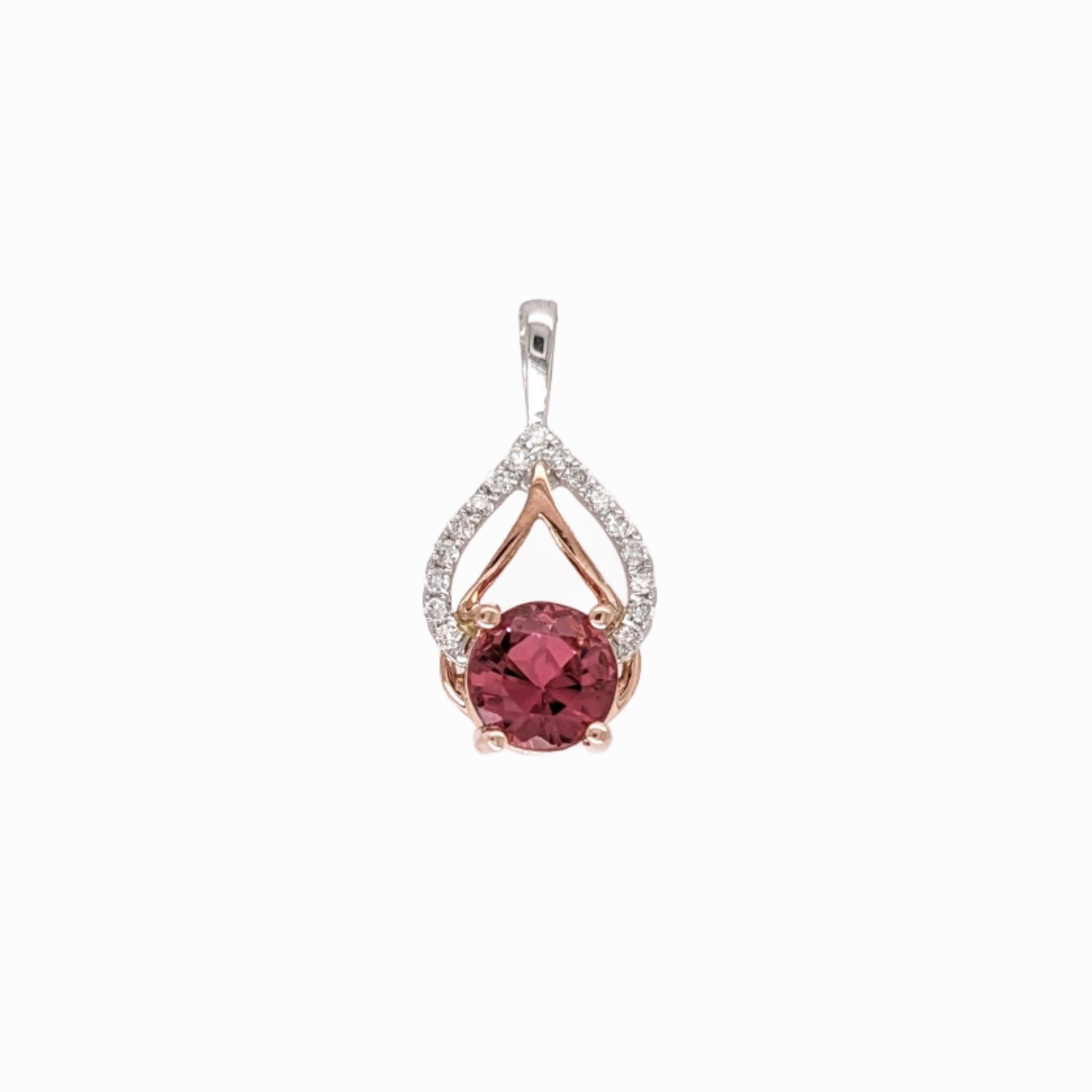 Pink Tourmaline Pendant w Natural Diamonds in Solid 14k Dual Tone Gold Round 5mm