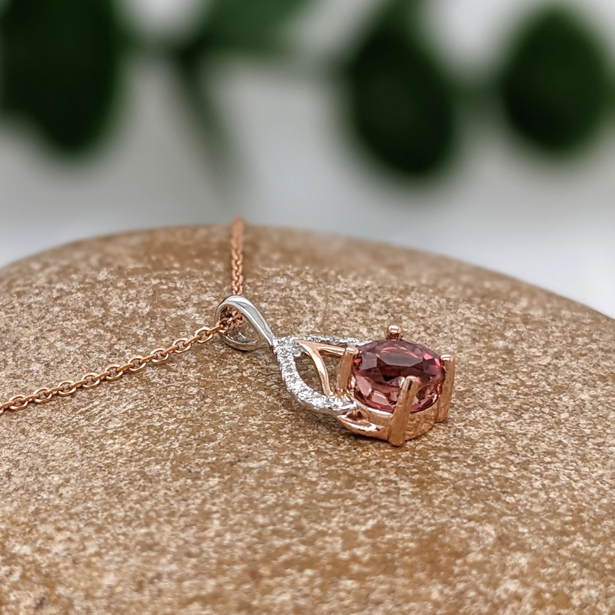 Pink Tourmaline Pendant w Natural Diamonds in Solid 14k Dual Tone Gold Round 5mm