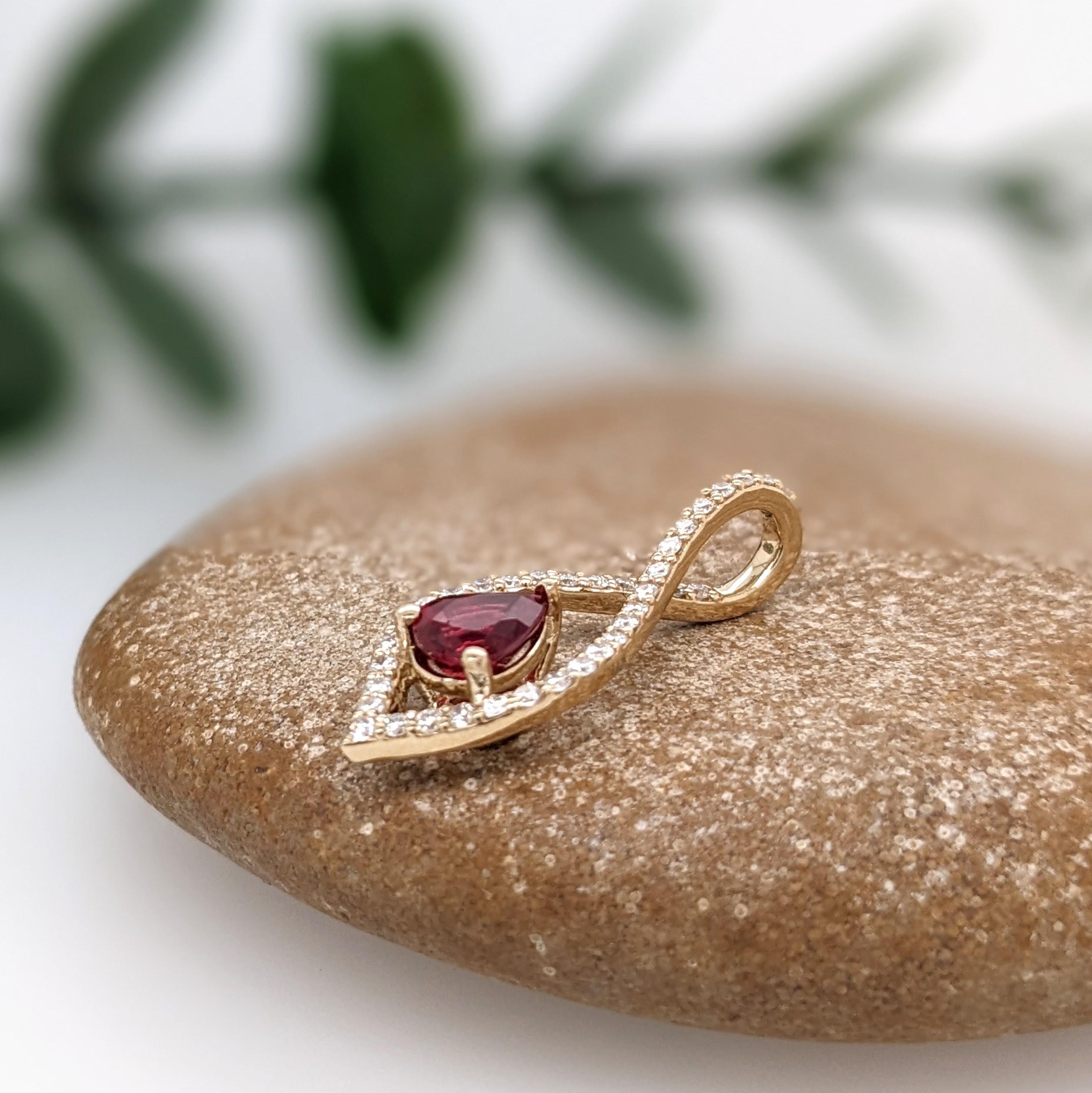 Ruby Pendant w Natural Diamonds in Solid 14K Yellow Gold Pear Shape 6x5mm