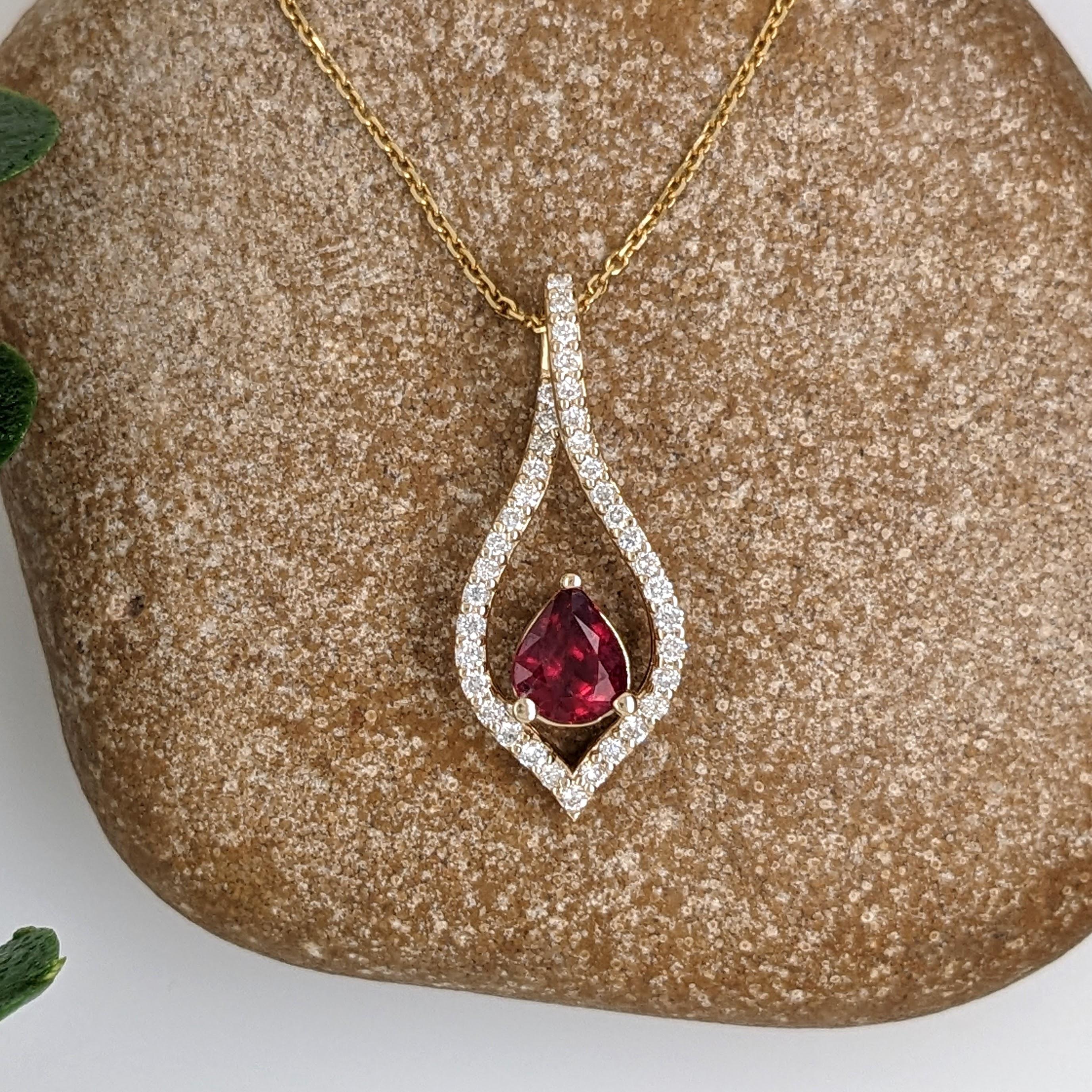 Ruby Pendant w Natural Diamonds in Solid 14K Yellow Gold Pear Shape 6x5mm