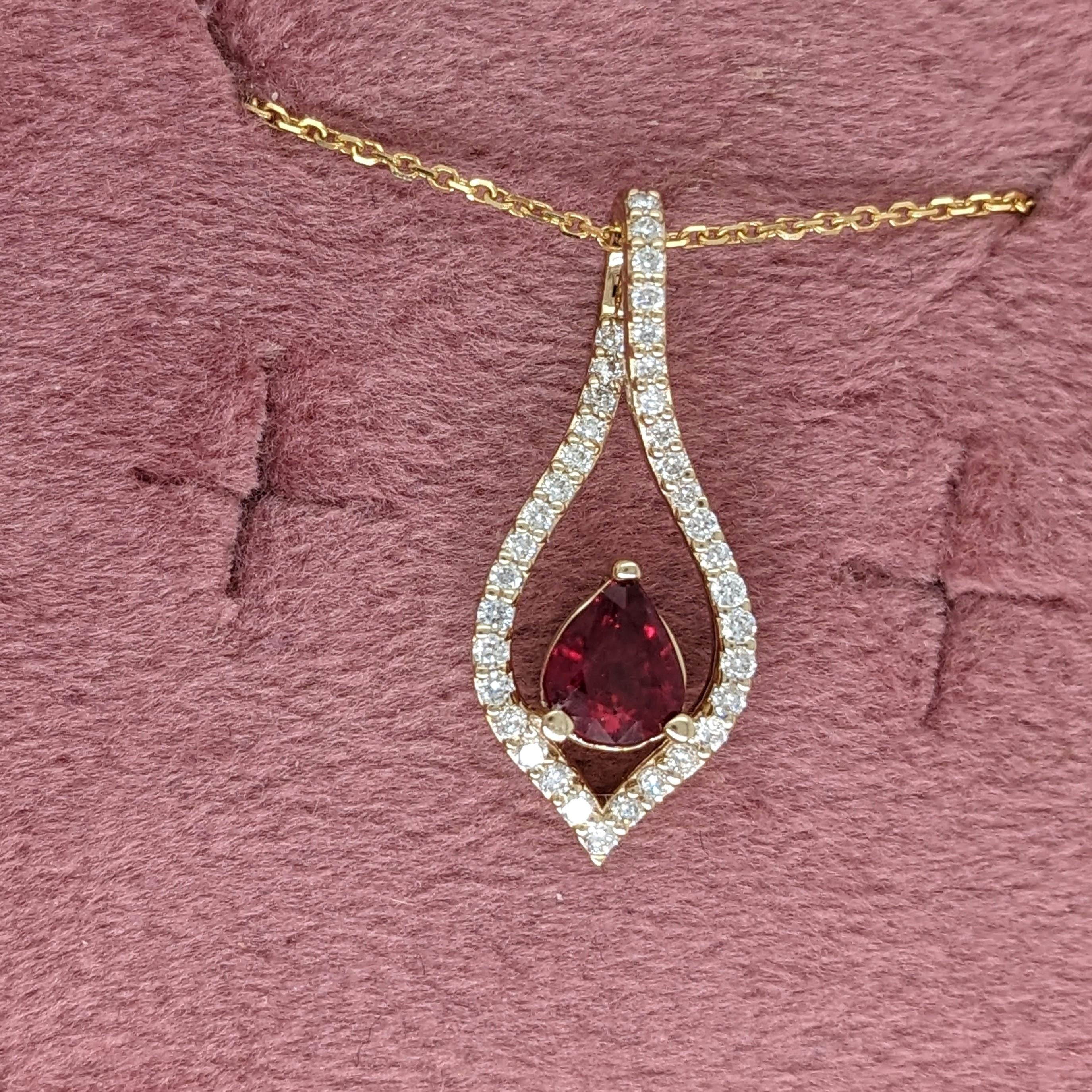 Ruby Pendant w Natural Diamonds in Solid 14K Yellow Gold Pear Shape 6x5mm