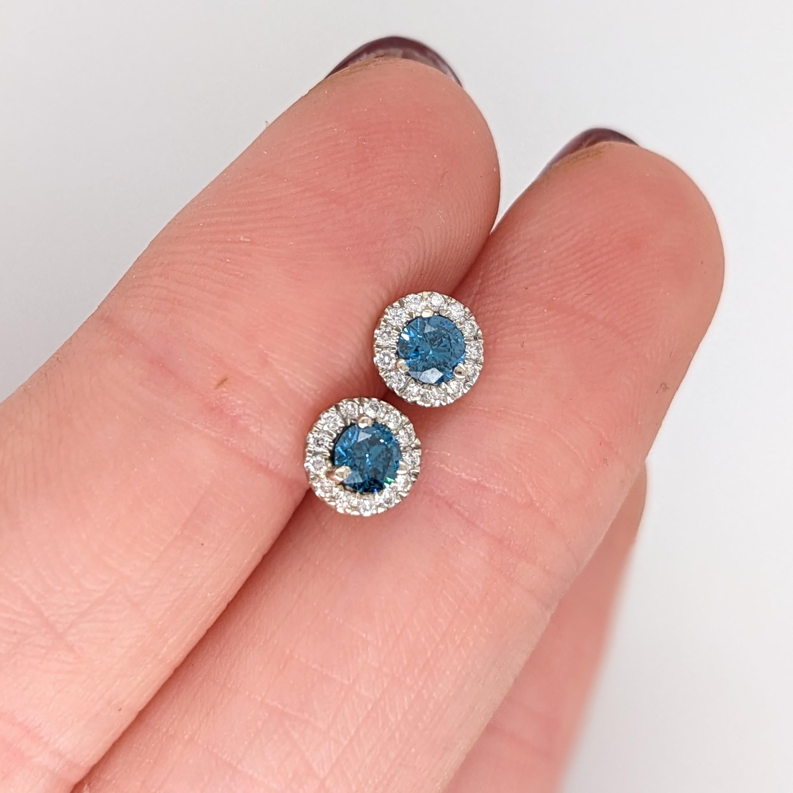 Blue Diamond Earrings w Natural Diamonds in Solid 14K White Gold Round 3.5mm