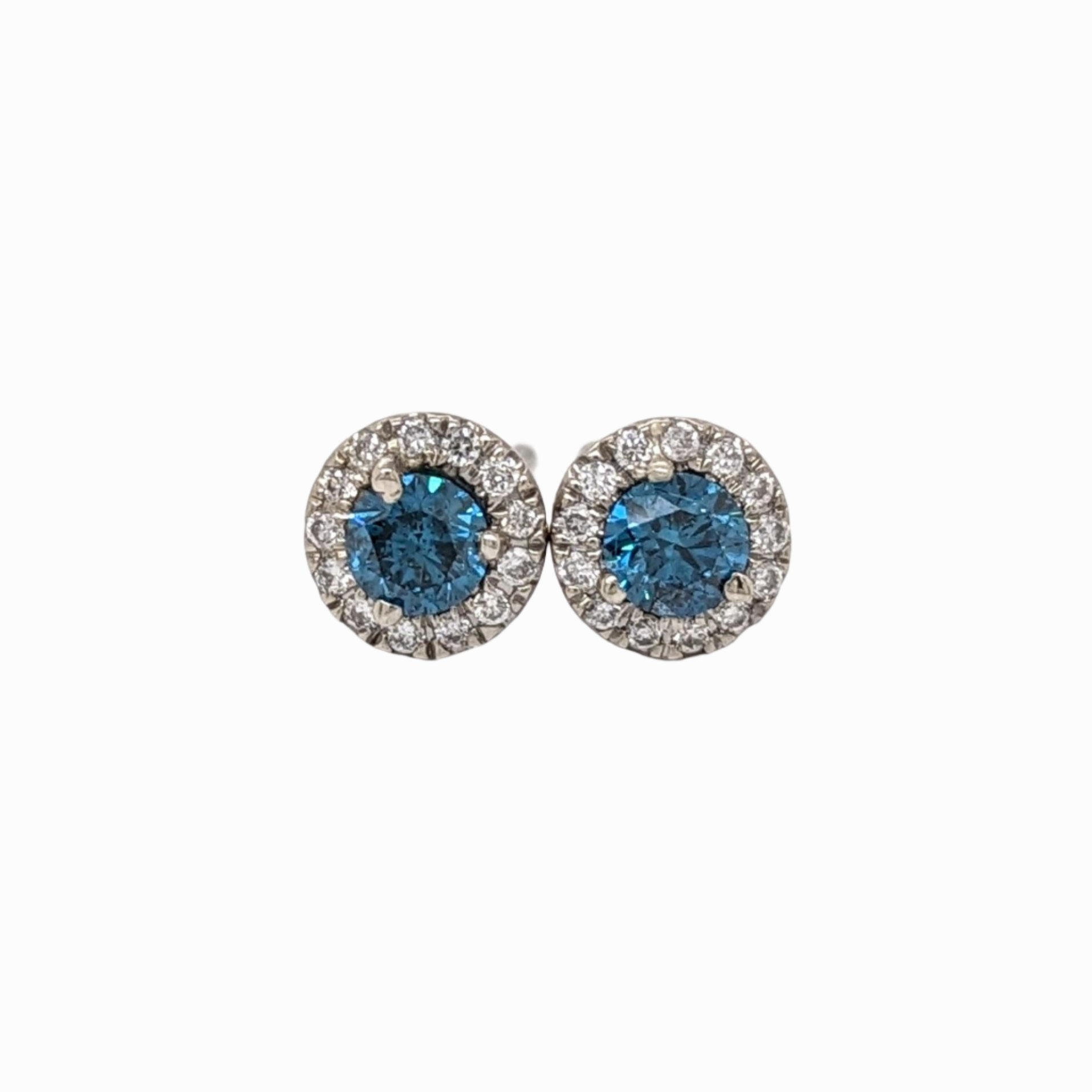 Blue Diamond Earrings w Natural Diamonds in Solid 14K White Gold Round 3.5mm