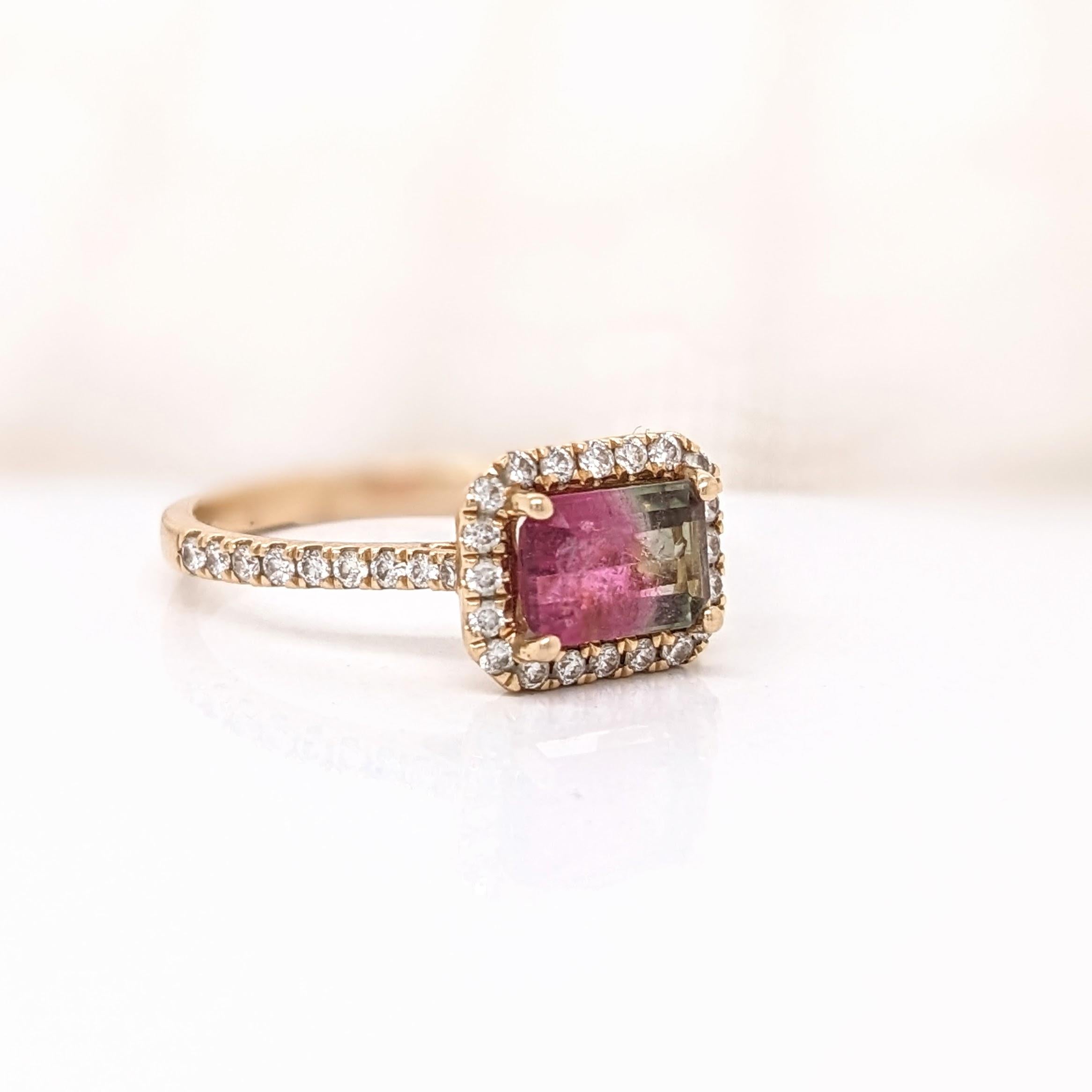 Watermelon Tourmaline Ring w Natural Diamonds in Solid 14K Yellow Gold EM 5x7mm
