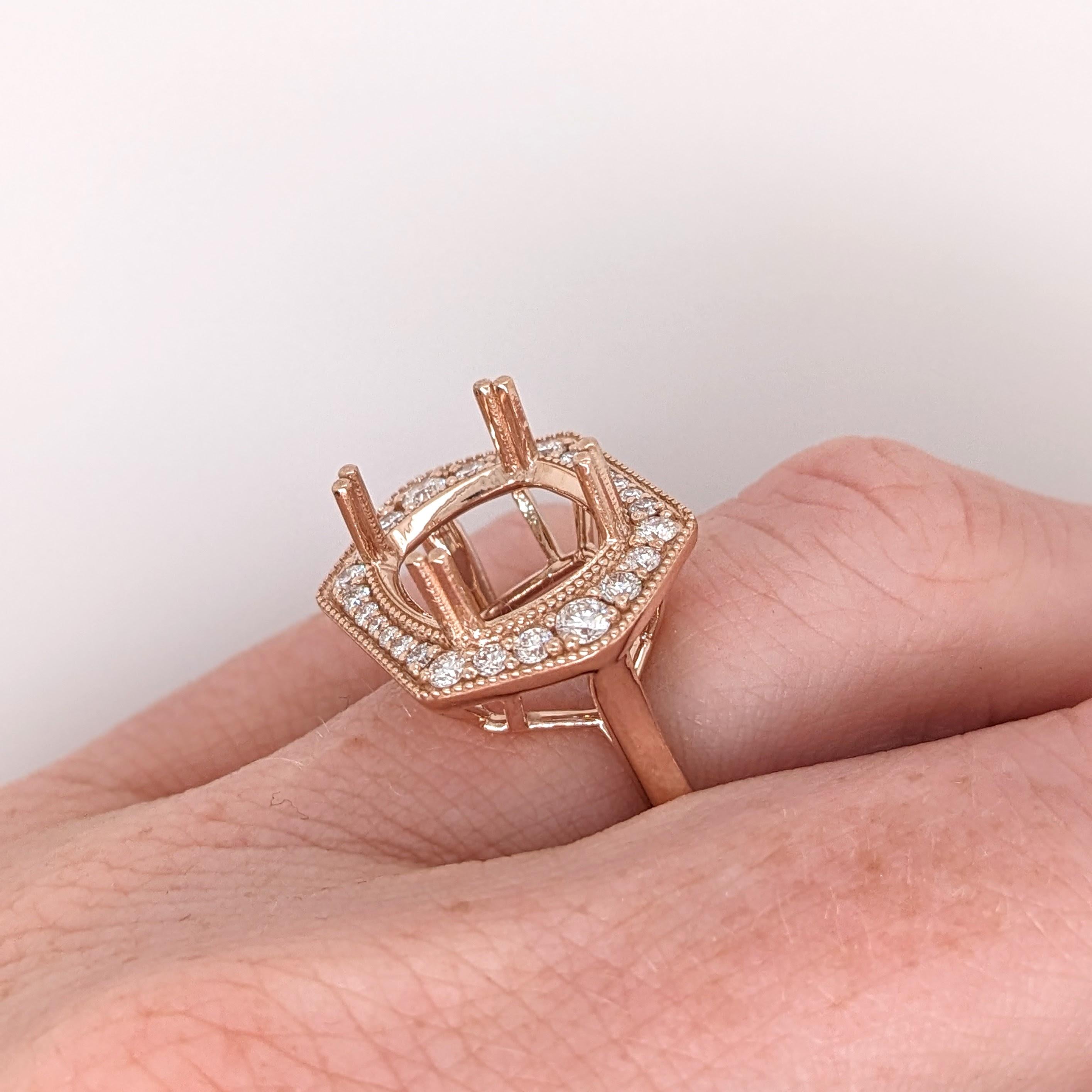 Ring Semi Mount w Earth Mined Diamonds in Solid 14K Gold Cushion 12x10mm