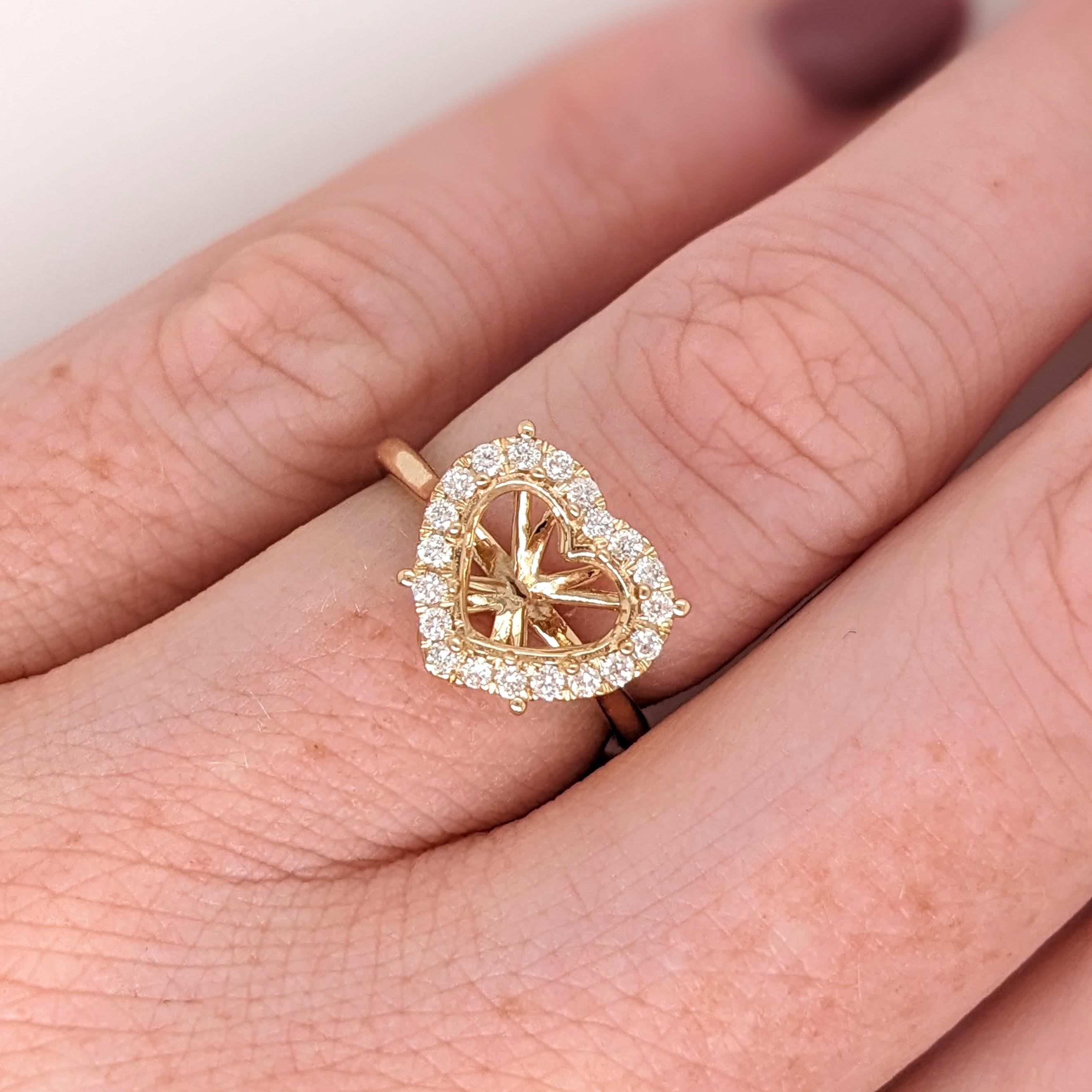 Ring Semi Mount w Earth Mined Diamonds in Solid 14K Gold Heart Shape 7.5x9mm