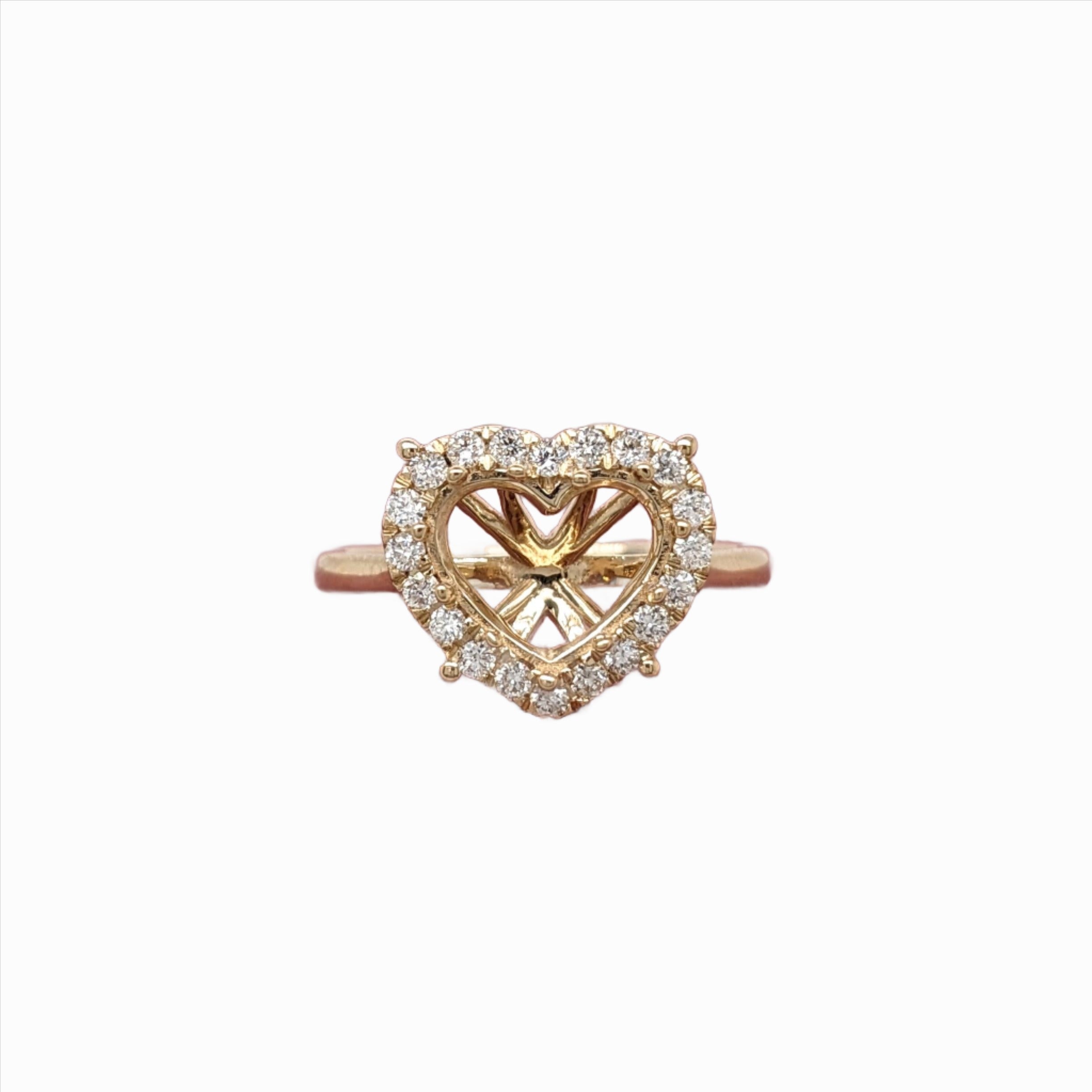 Ring Semi Mount w Earth Mined Diamonds in Solid 14K Gold Heart Shape 7.5x9mm
