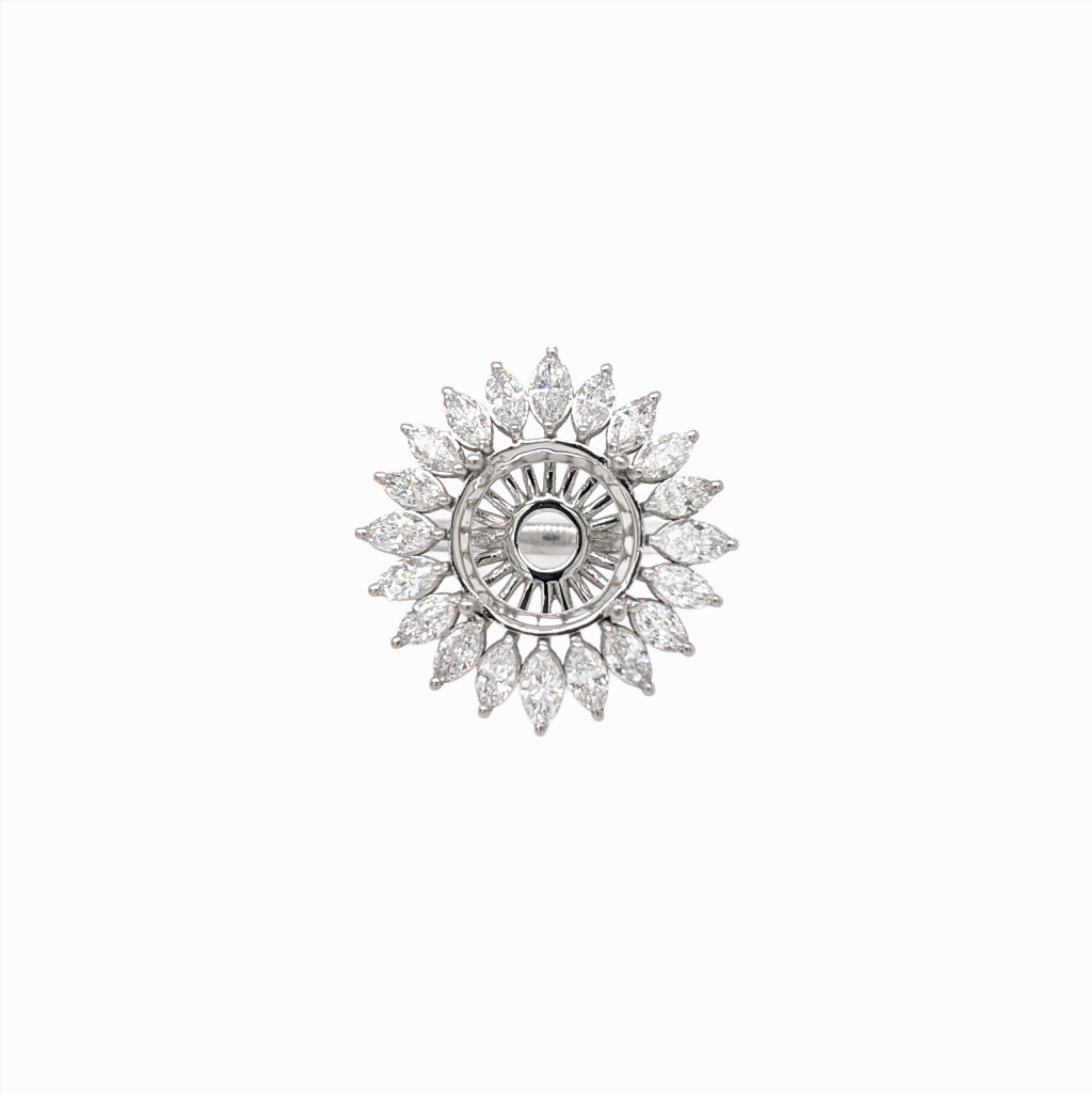Sun Burst Ring Semi Mount w Lab Diamonds in Solid 14K Gold Round 10mm