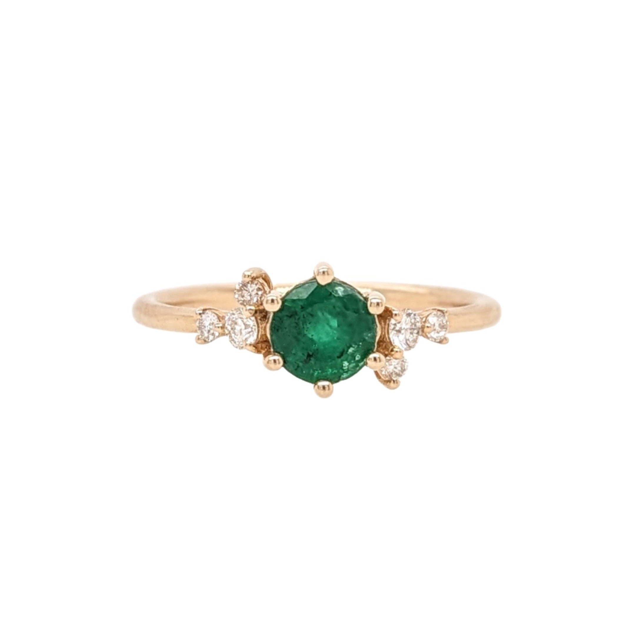 Green Emerald Ring w Earth Mined Diamonds in Solid 14k Yellow Gold Round 5mm