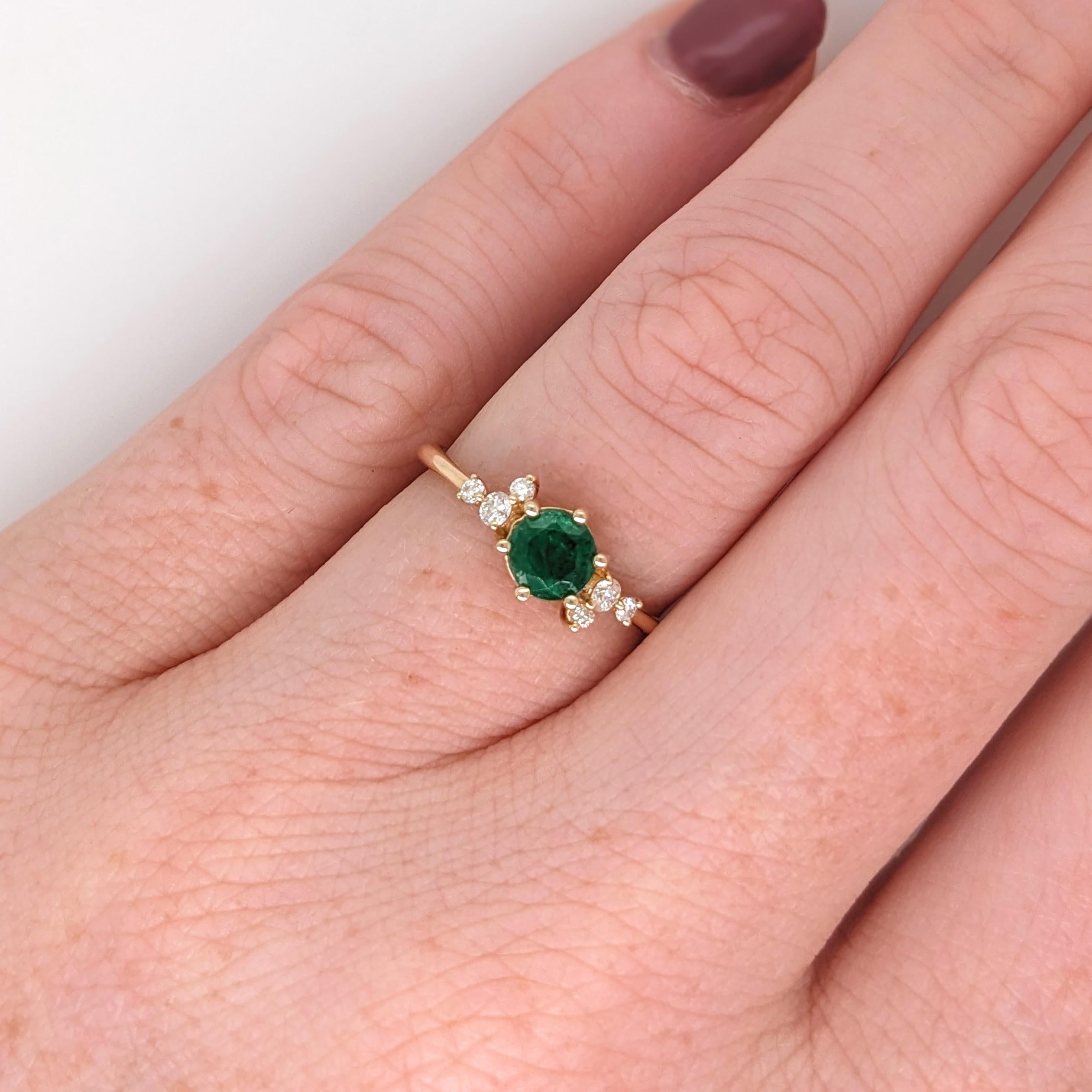 Green Emerald Ring w Earth Mined Diamonds in Solid 14k Yellow Gold Round 5mm