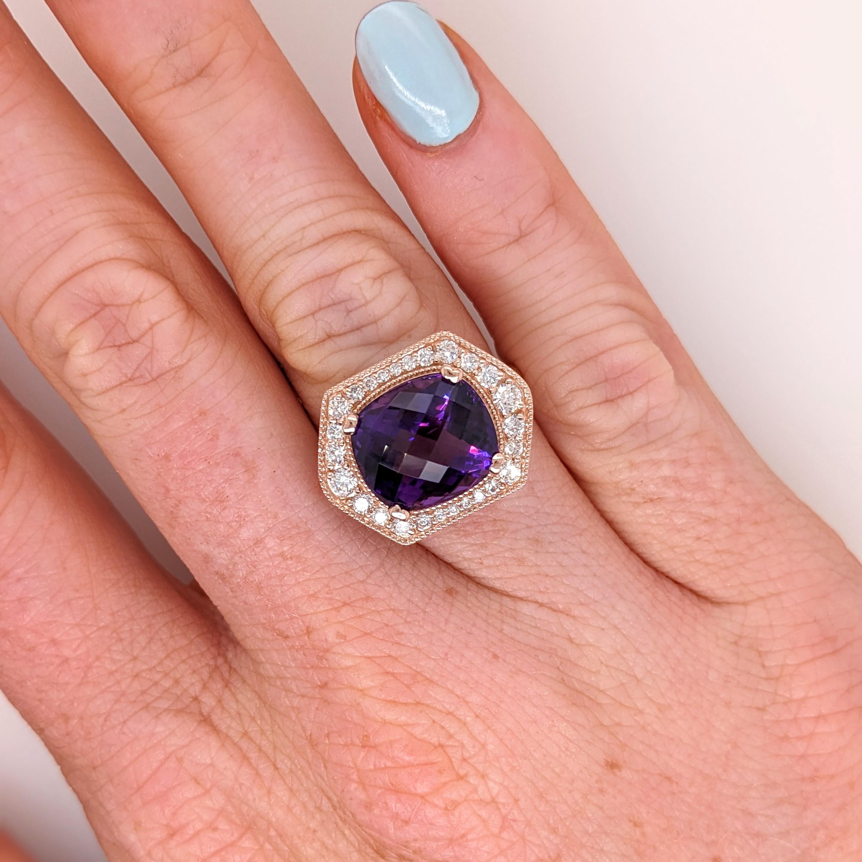 6ct Amethyst Ring w Earth Mined Diamonds in Solid 14K Gold Cushion 12x10