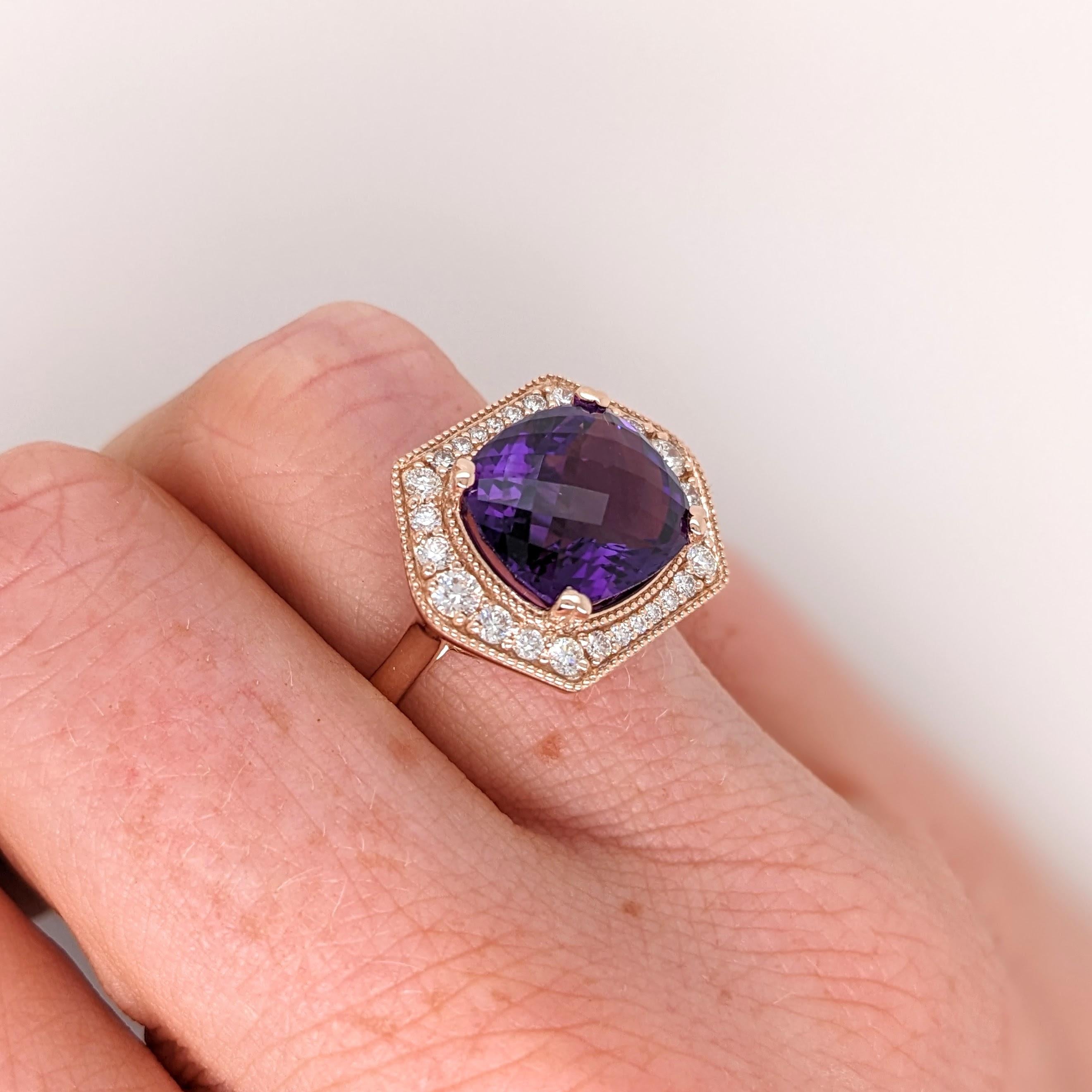 6ct Amethyst Ring w Earth Mined Diamonds in Solid 14K Gold Cushion 12x10