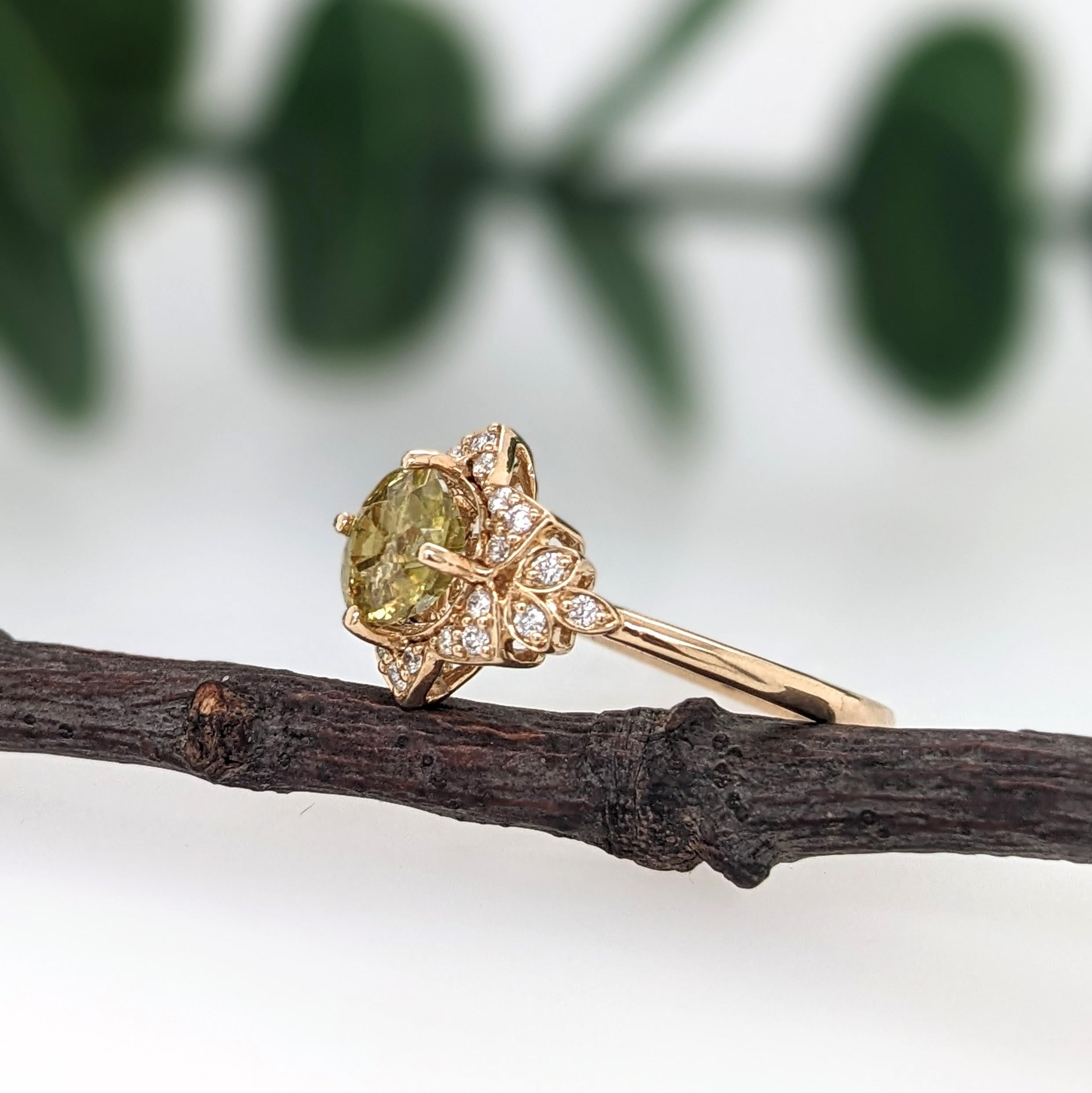 1.1ct Sphene Ring w Earth Mined Diamonds in Solid 14K Yellow Gold | Round 6mm