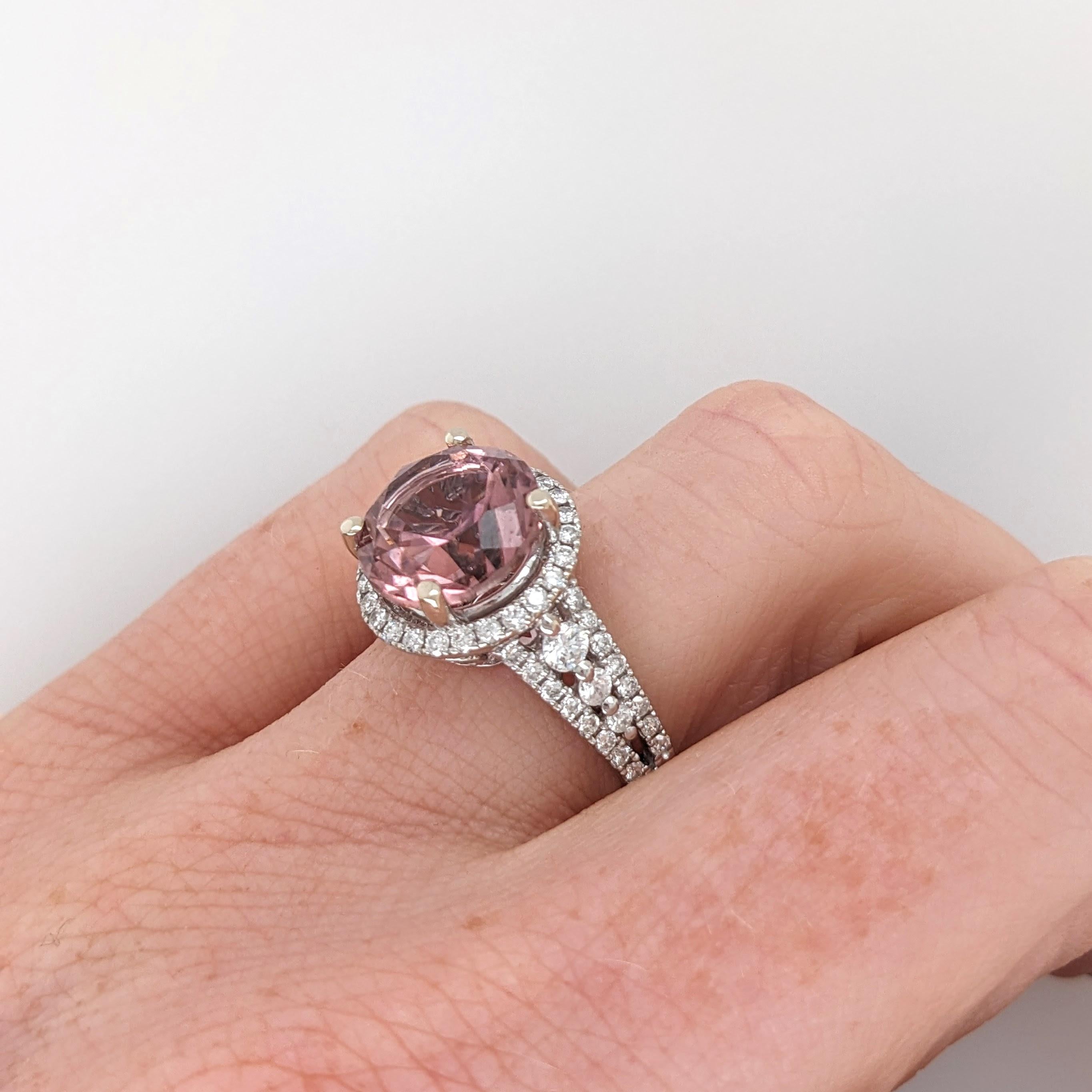 5ct Pink Tourmaline Ring w Earth Mined Diamonds in Solid 14K Gold | Round 10mm