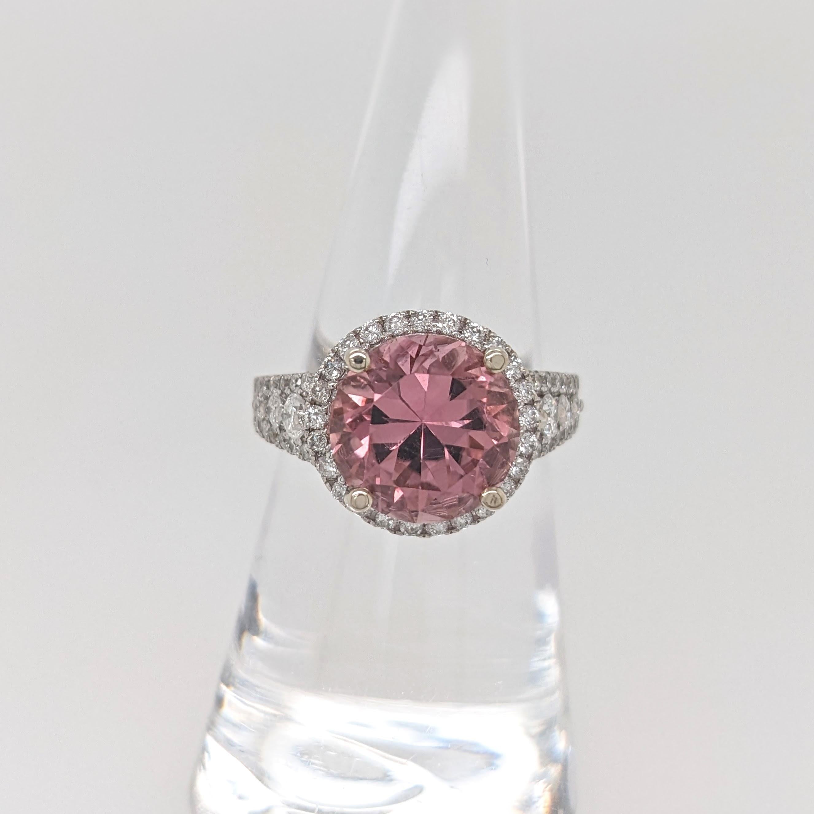 5ct Pink Tourmaline Ring w Earth Mined Diamonds in Solid 14K Gold | Round 10mm