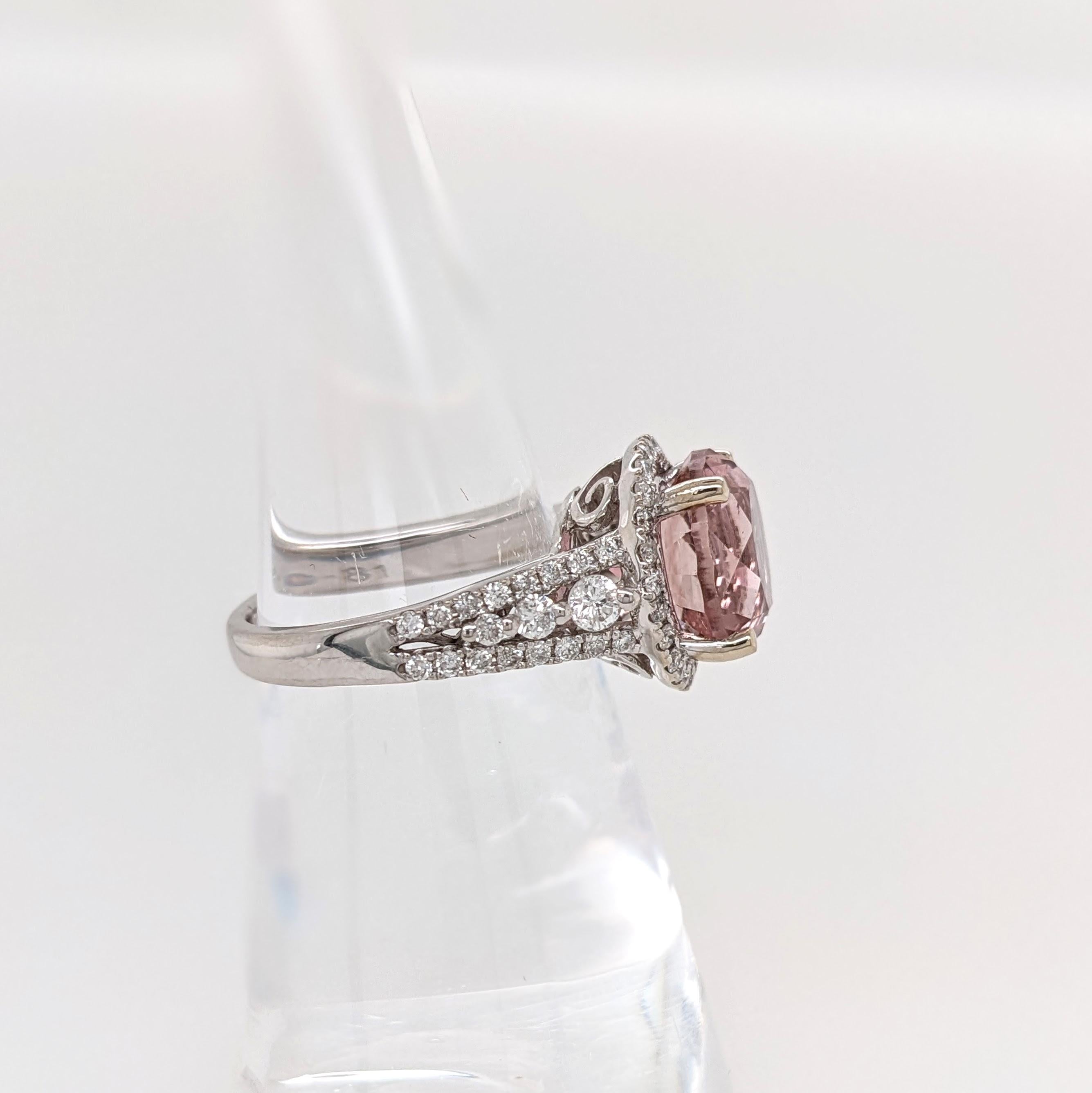 5ct Pink Tourmaline Ring w Earth Mined Diamonds in Solid 14K Gold | Round 10mm