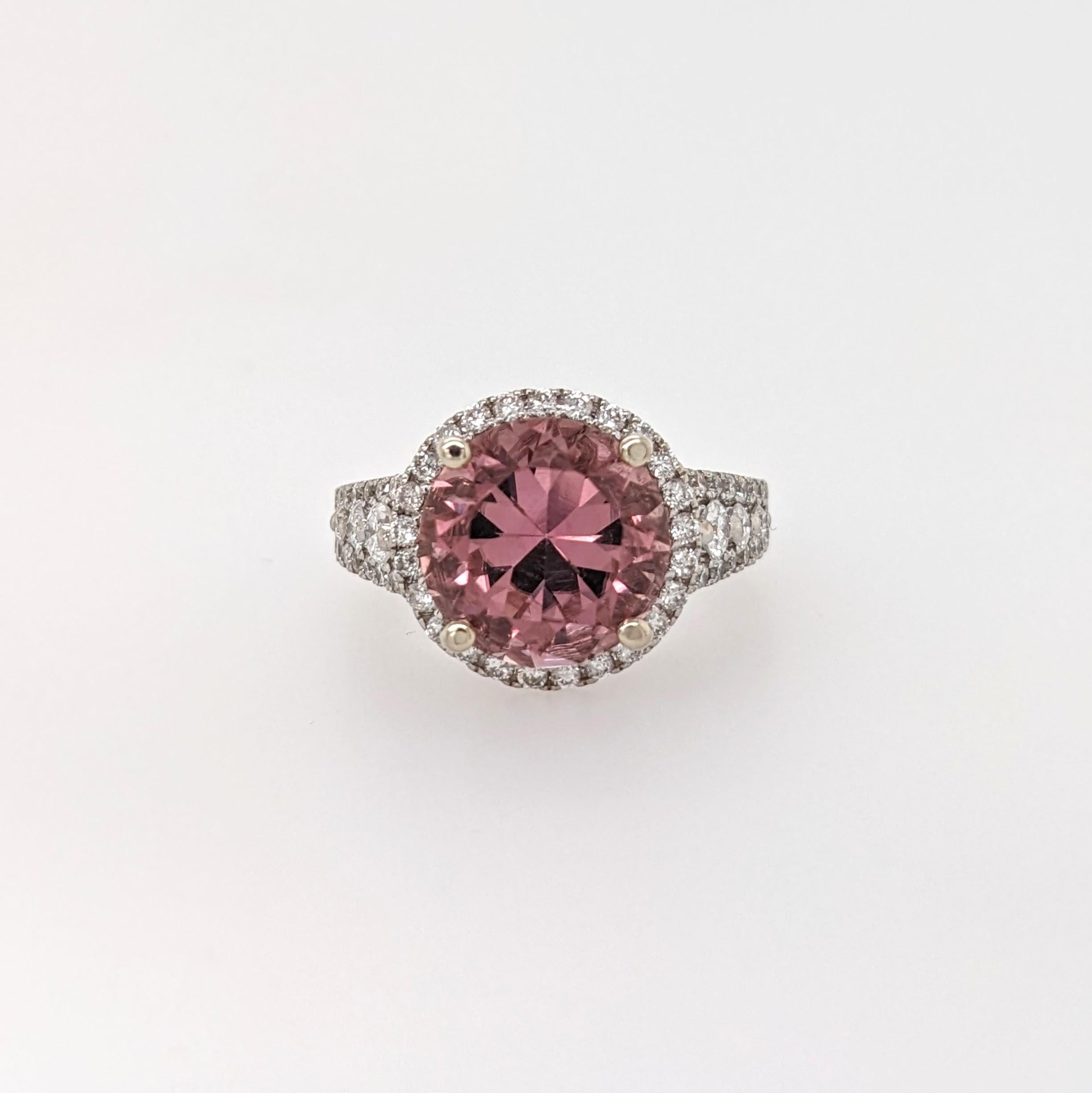 5ct Pink Tourmaline Ring w Earth Mined Diamonds in Solid 14K Gold | Round 10mm