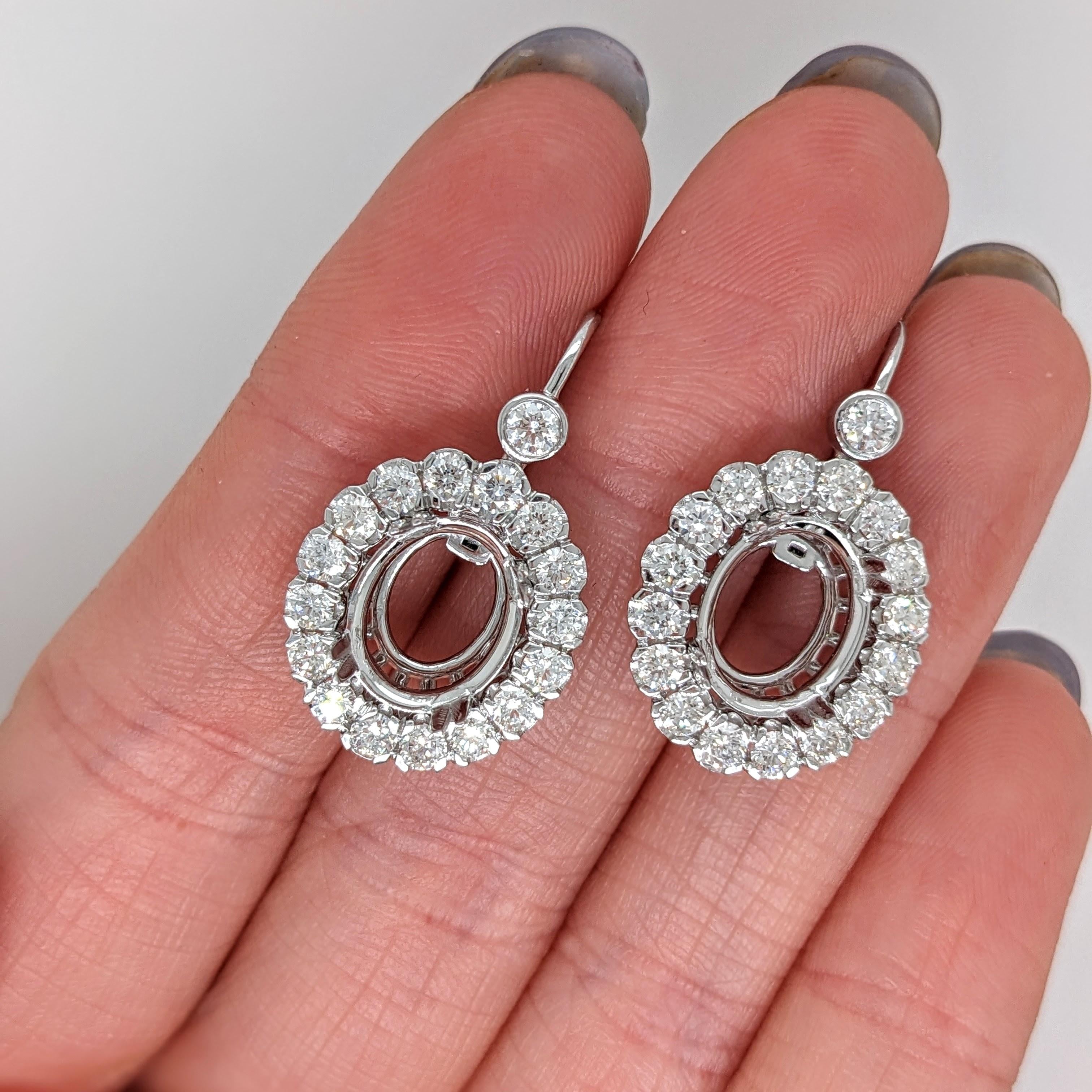Earrings Dangle Semi Mount w Earth Mined Diamonds in Solid 14K Gold Oval 11x9mm
