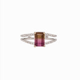 Bi-color Tourmaline Ring w Earth Mined Diamonds in Solid 14K White Gold EM 7x5mm