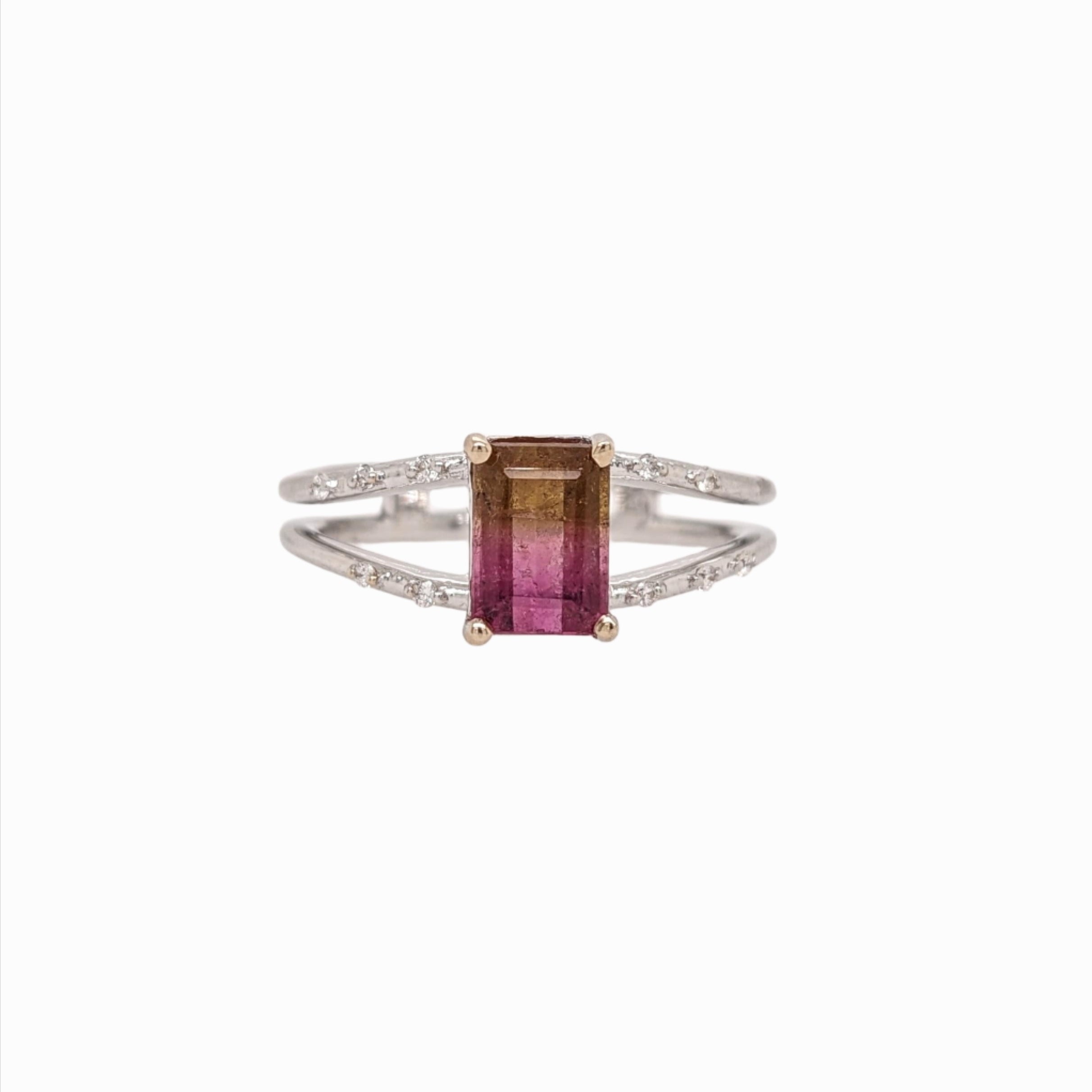 Bi-color Tourmaline Ring w Earth Mined Diamonds in Solid 14K White Gold EM 7x5mm