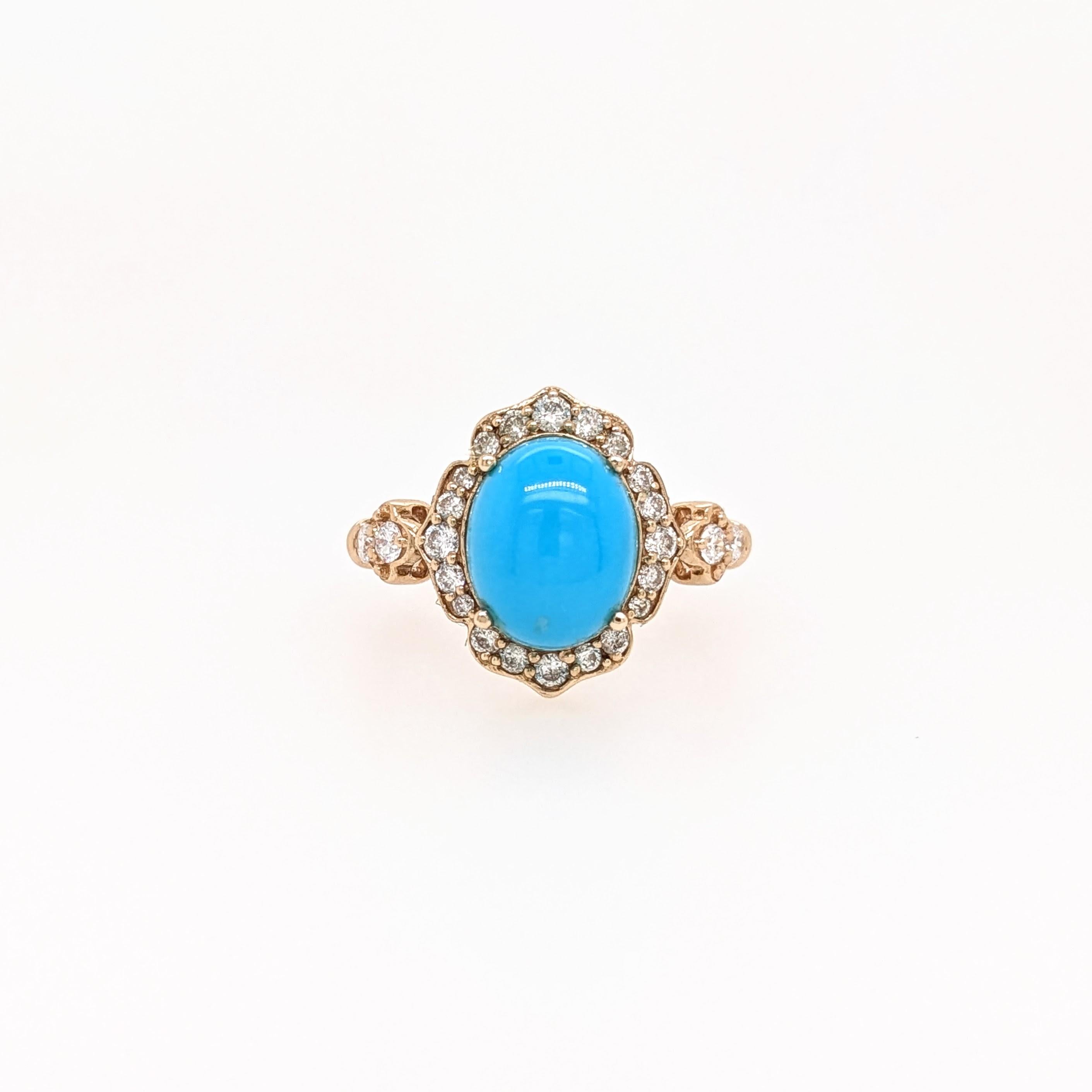 Sleeping Beauty Turquoise Ring w Earth Mined Diamonds in Solid 14K Gold OV 10x8