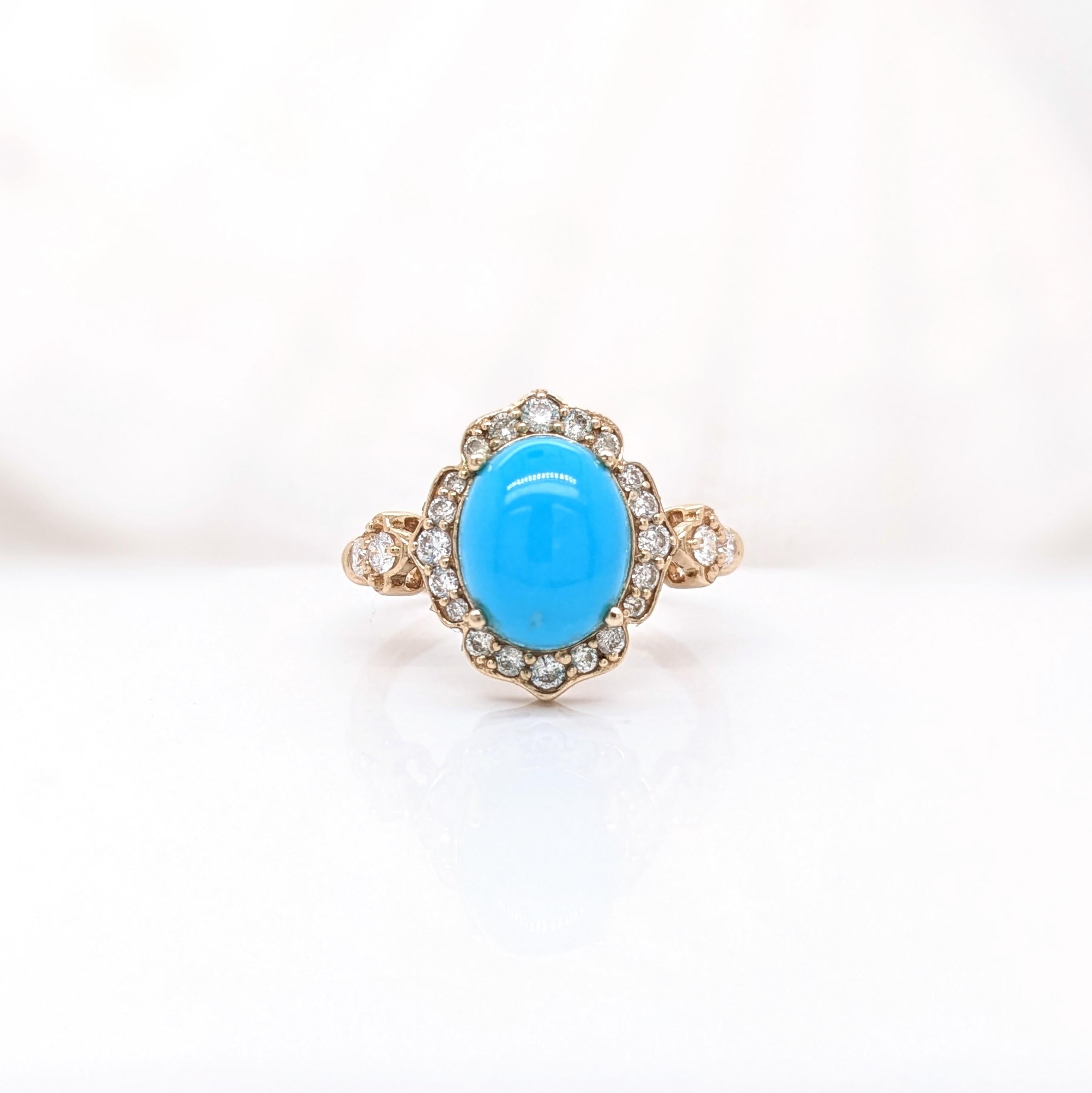 Sleeping Beauty Turquoise Ring w Earth Mined Diamonds in Solid 14K Gold OV 10x8