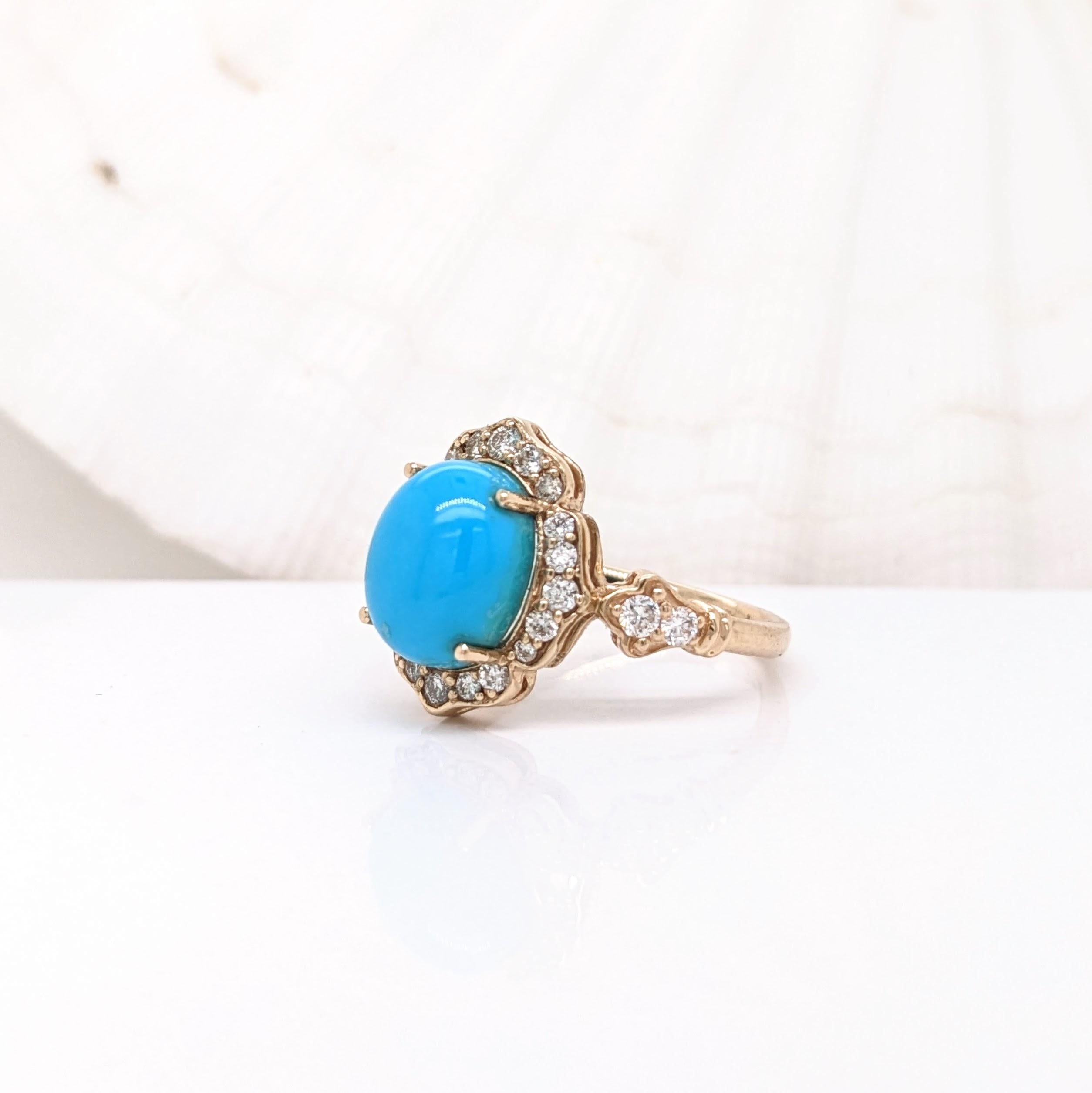 Sleeping Beauty Turquoise Ring w Earth Mined Diamonds in Solid 14K Gold OV 10x8