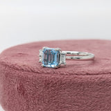 1ct Aquamarine Ring w Earth Mined Diamond in Solid 14K White Gold | Emerald cut 6.5x5.5mm | March Birthstone